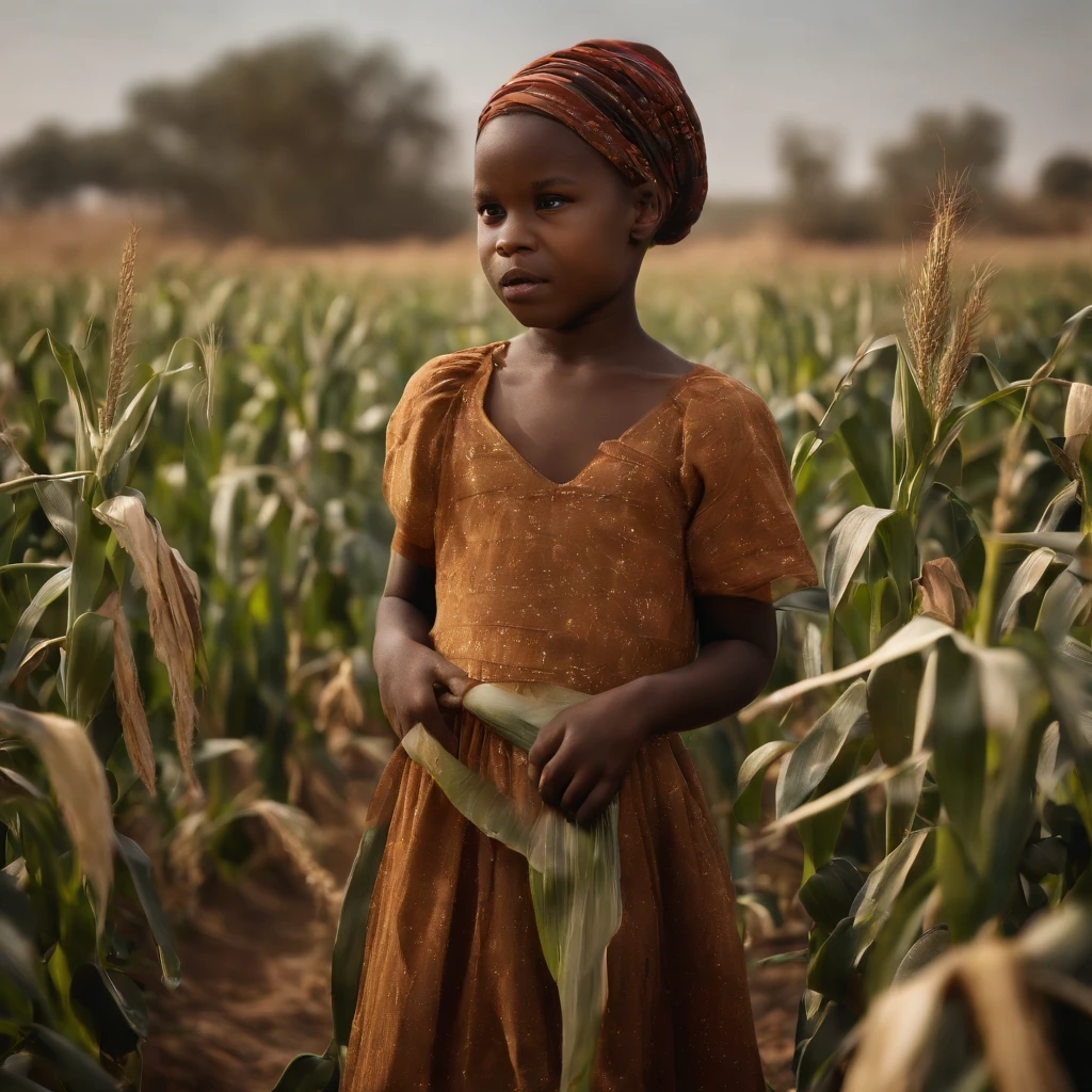 a girl and a boy,beautiful detailed eyes and face,brown skin,smiling,harvesting corn in a sunny garden,African landscape,cultural attire,focused and determined,bushy green plants,tall and ripe cornstalks,golden sunshine,rich soil,dust particles in the air,highres,ultra-detailed,realistic:1.37,vivid colors,natural lighting,physical painting,pleasant and warm color tones