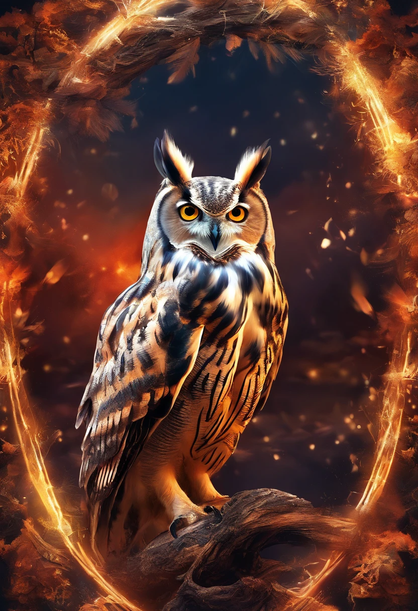 A doomsday scene,Huge owls stand on the ruins of the ancient castle,Collapsed buildings,Rubble blocks,fire glow,dense smoke,waterface,inverted image,Sharp focus,Bokeh,depth of fields,Works of masters,super-fine,Hyper-realistic,8K,Best picture quality,Detailed description,电影灯光,cinematic perspective