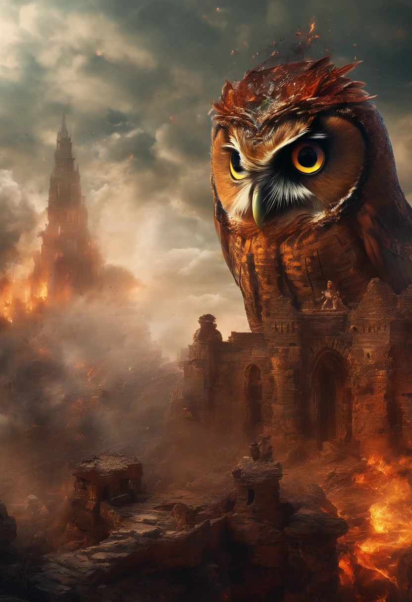 A doomsday scene，Huge owls stand on the ruins of the ancient castle，Collapsed buildings，Rubble blocks，fire glow，dense smoke，waterface，inverted image，Sharp focus，Bokeh，depth of fields，Works of masters，super-fine，Hyper-realistic，8K，Best picture quality，Detailed description，电影灯光，cinematic perspective