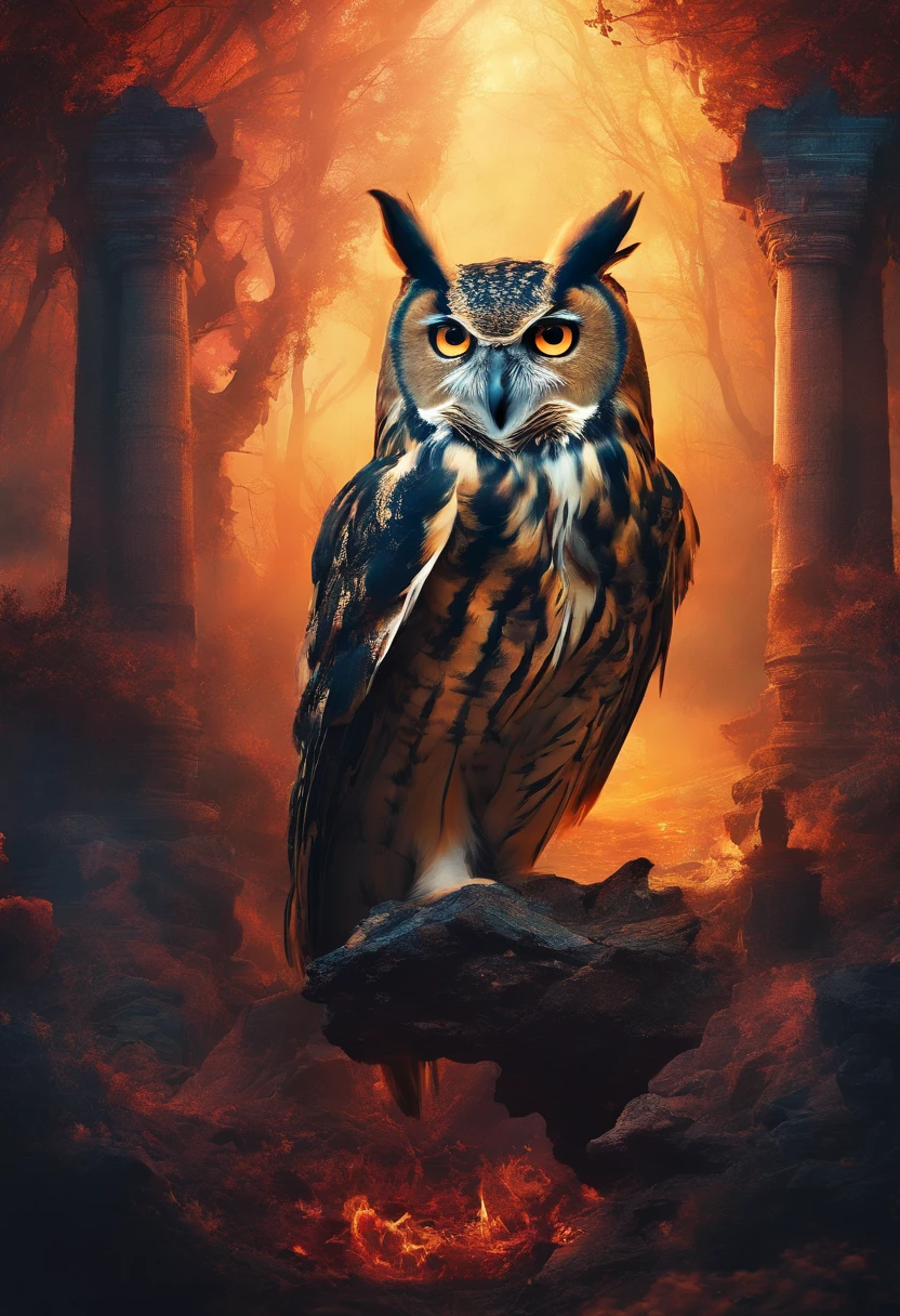 A doomsday scene，Huge owls stand on the ruins of the ancient castle，Collapsed buildings，Rubble blocks，fire glow，dense smoke，waterface，inverted image，Sharp focus，Bokeh，depth of fields，Works of masters，super-fine，Hyper-realistic，8K，Best picture quality，Detailed description，电影灯光，cinematic perspective
