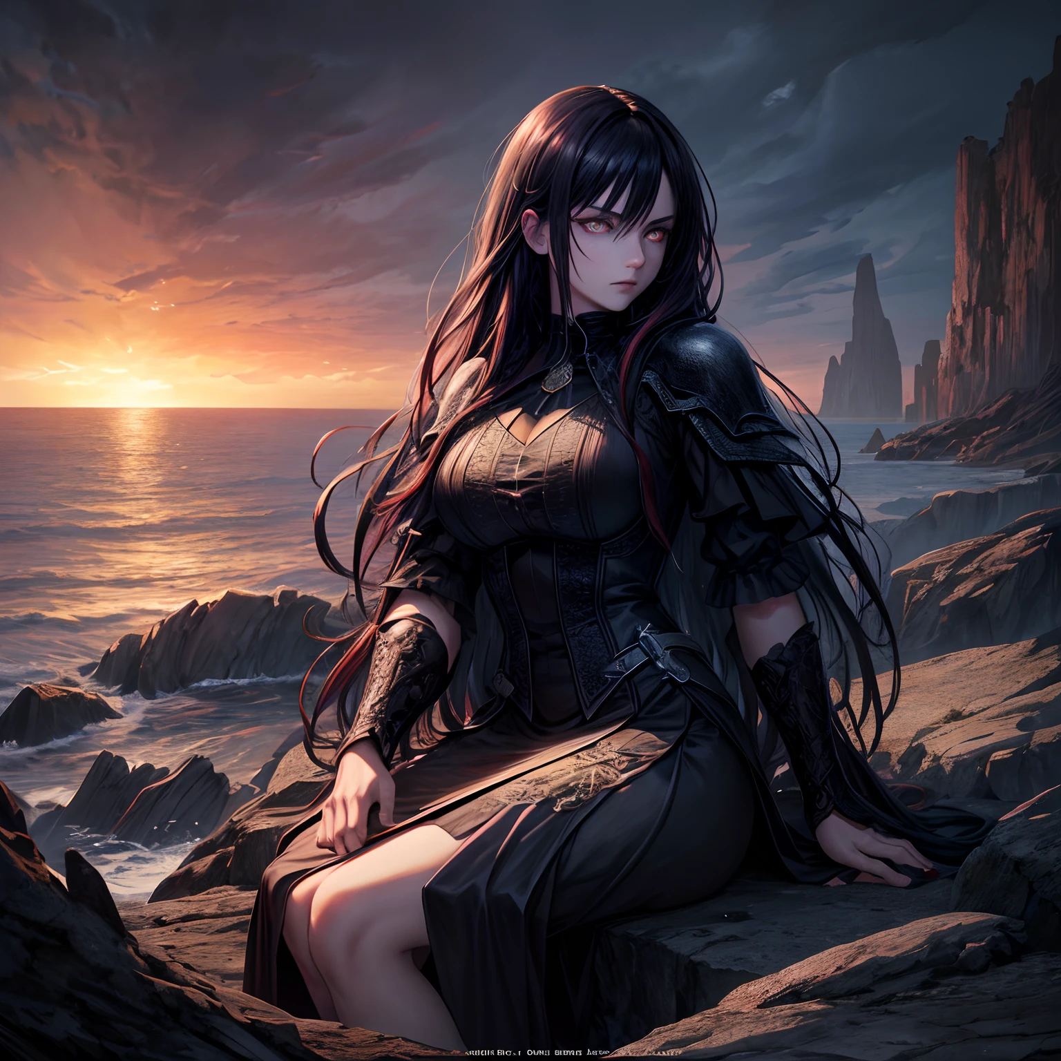 Dark island, dark light, dark environment, dark masterpiece, girl sitting in a rock, full body size, ocean dark night fantasy theme, sunrise, crimson eyes, vertical pupils, underworld, blonde hair, shy look, blue uniform, pale skin, colour grading, dark illustration, the person in the middle, extreme quality, radiant, extremely detailed, ultra-detailed face, ultra hd 8k, ultra digitality, mythical, dark lightning, concept art portrait by Greg Rutkowski, artgerm, hyperdetailed, intricately detailed gothic art, dark gothic fantasy style, triadic colours, fantastical, intricate detail, splash screen, complementary colours, fantasy concept art, 8k resolution, gothic deviantart masterpiece