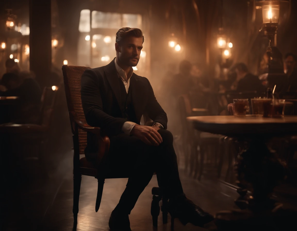 a medium shot of a man with light face, siting on a kingdom chair in a cafe, a smoke in his hand, wearing dark kote, serious look in camera, cinematic lighting, soft lights, high quality render