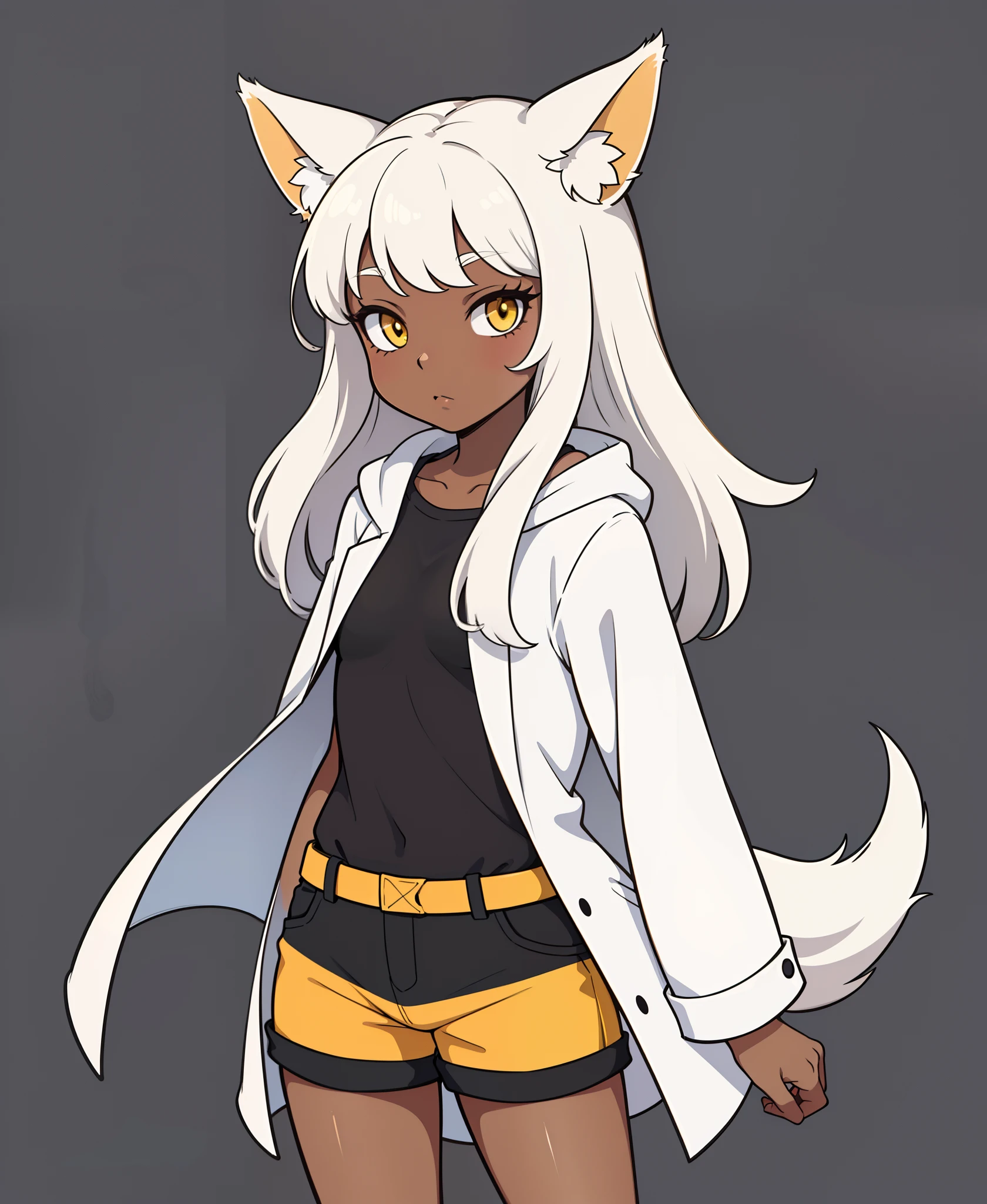 masterpiece,best quality,highres,illustration,(flat color:1.2,outline:1.2),1girl,solo,(black skin:1.1,dark skin1.1),white hair,yellow eyes,fox ears,white coat,shorts,long hair,parted bangs