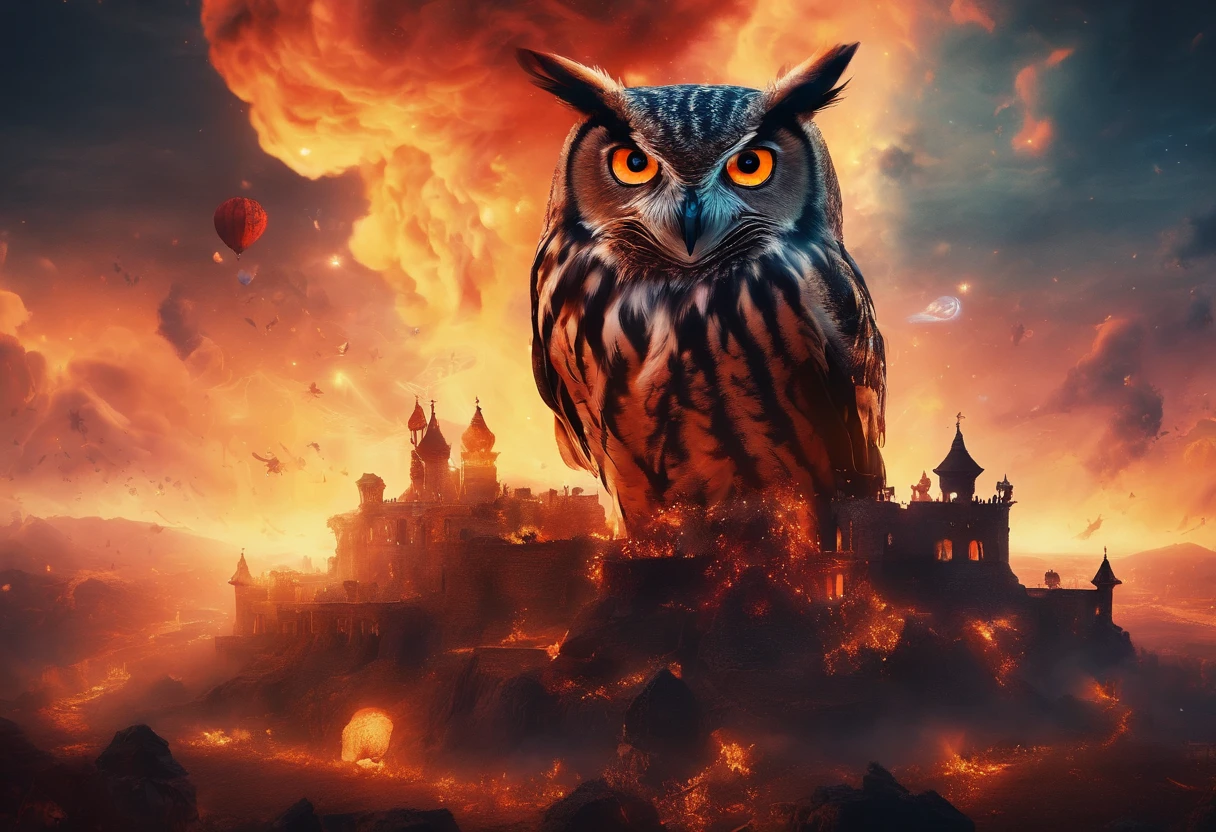 A doomsday scene,Super giant owls stand on the ruins of an ancient castle,Collapsed buildings,Rubble blocks,fire glow,dense smoke,waterface,inverted image,Sharp focus,Bokeh,depth of fields,Works of masters,super-fine,Hyper-realistic,8K,Best picture quality,Detailed description,电影灯光,cinematic perspective