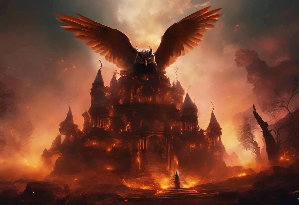 A doomsday scene，Super giant owls stand on the ruins of an ancient castle，Collapsed buildings，Rubble blocks，fire glow，dense smoke，waterface，inverted image，Sharp focus，Bokeh，depth of fields，Works of masters，super-fine，Hyper-realistic，8K，Best picture quality，Detailed description，电影灯光，cinematic perspective