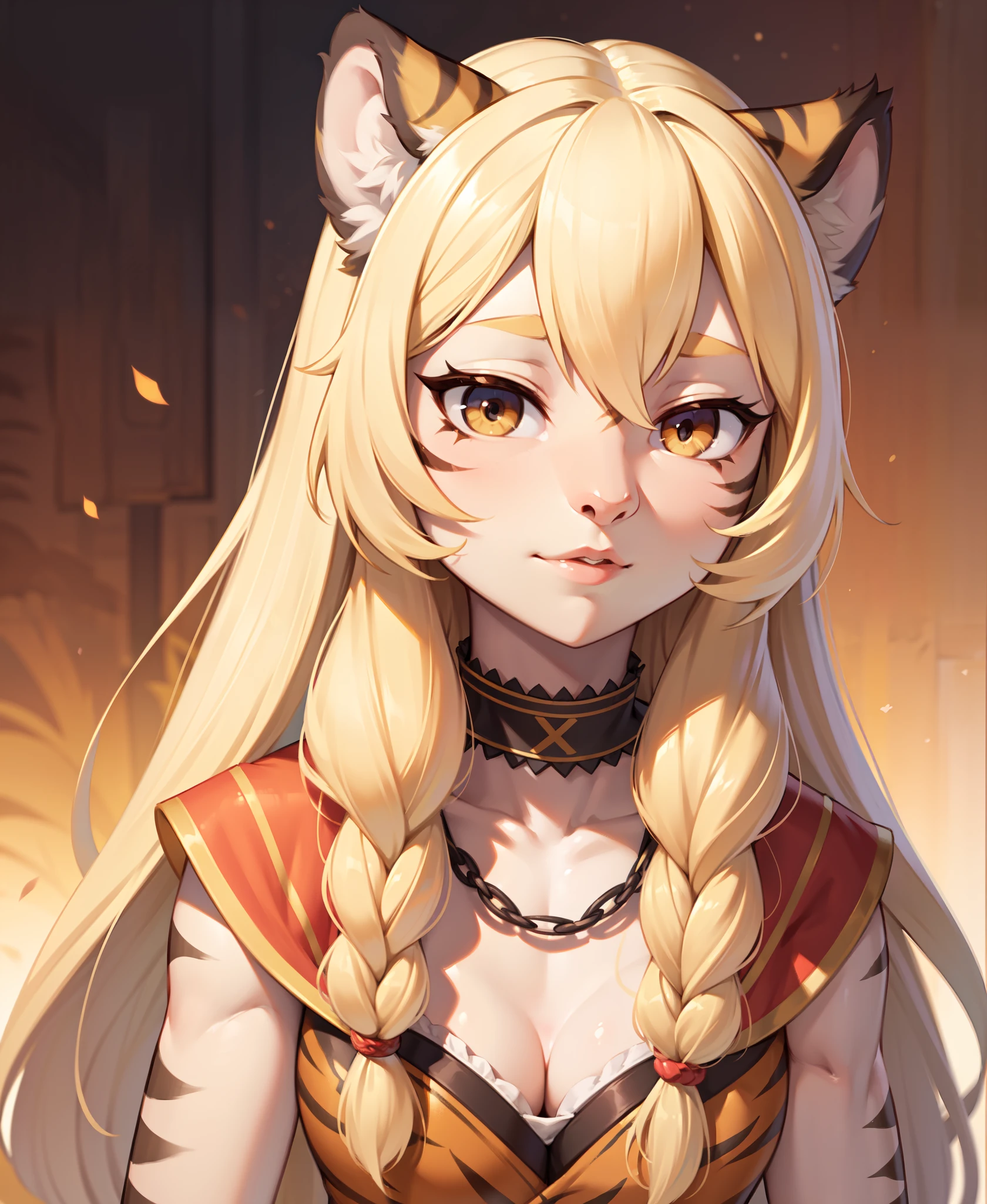 mirrorless, bokeh, extreme quality, detailed photo of a compassionate girl, colorful, original character, exceptional, (tribal clothes), fashion, (styled), long hair, messy hair, (blonde hair), 8k, (anime wallpaper), rare, pale eyes, (upper body:0.8), natural body, limited palette, (detailed hair:1.13), (black outlines), (detailed skin), (tiger girl:1.3), (by Nökkvi Eliasson:1.3), (by George Worsley Adamson:0.7), (by Morishige:0.6)