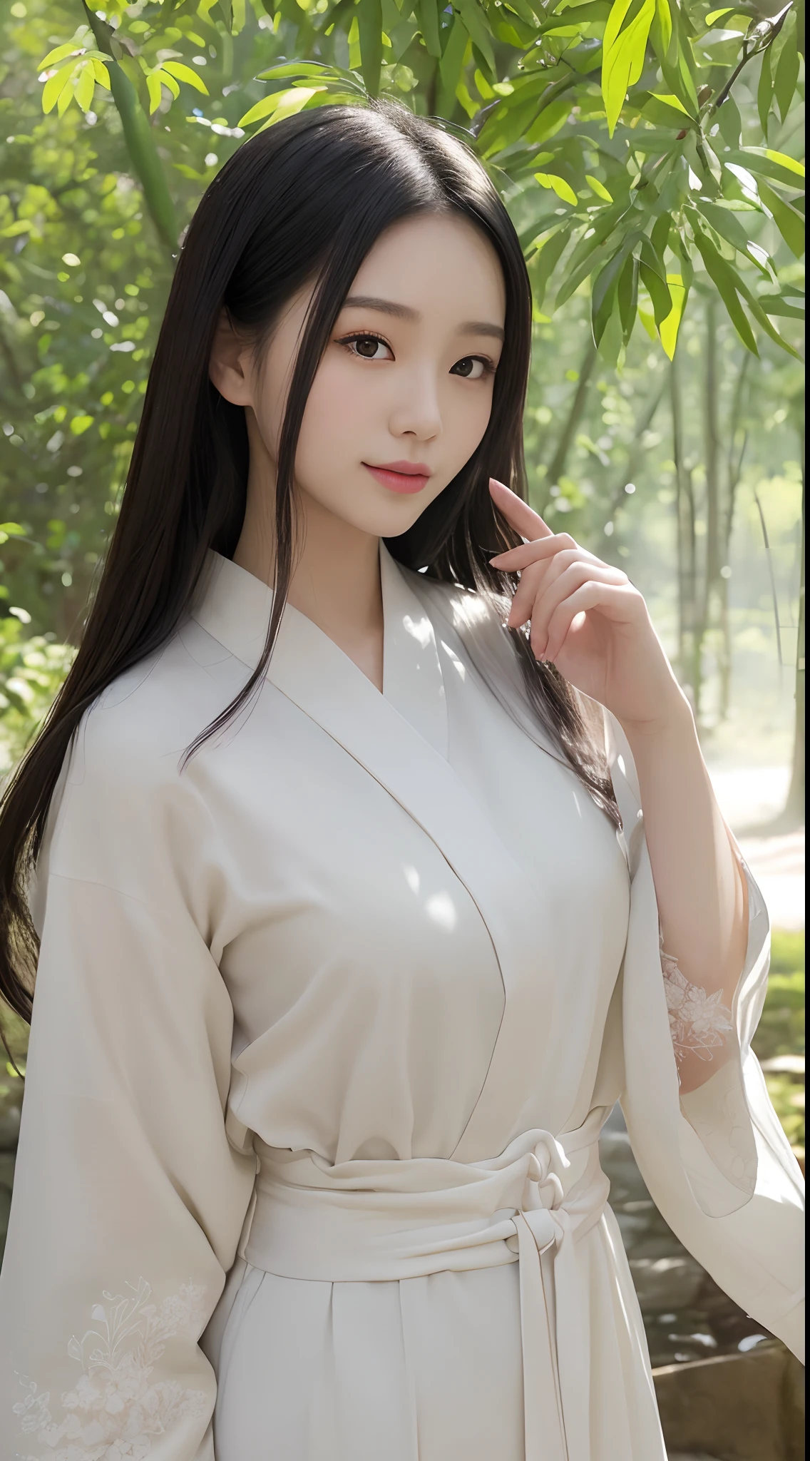 (Best quality,4K,A high resolution,Masterpiece:1.2),Realistic,White Hanfu,Long black hair,Beautiful detailed eyes,beautiful detailed lips,peaceful expression,Gentle smile,Hazy bamboo forest,ssmile,Semi-hidden paths,Dappled sunlight,tranquil ambiance,Traditional Chinese painting style,Vivid colors,Soft lighting
