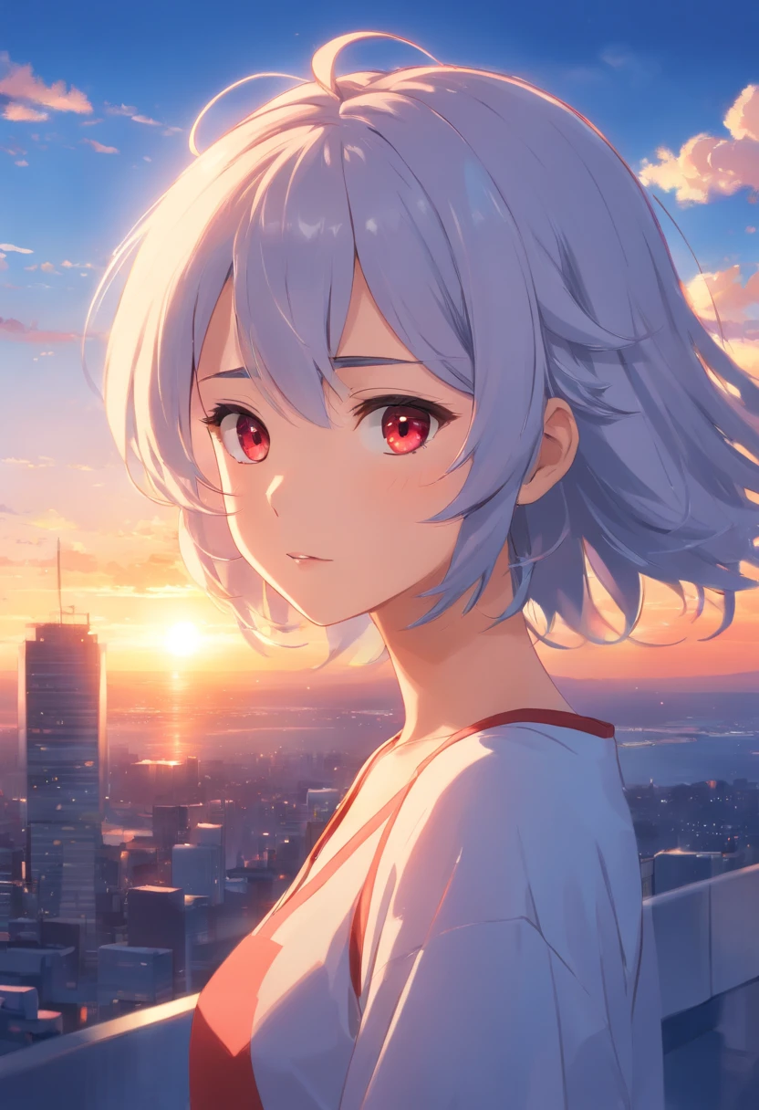 tmasterpiece,best qualtiy,Best Picture Quality,cinematic Film still from,1girl,Long silver-white hair fluttered in the air,Red eyes,Cloud Girl,Floating in the sky,closeup cleavage,blushing slightly,is shy,Warm and soft lighting,the sunset,(spark of light:0.7)