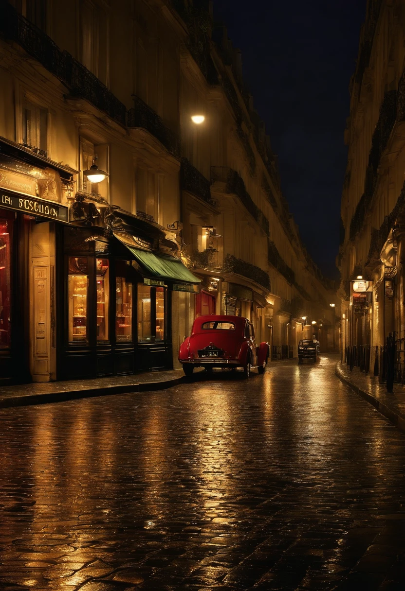 Paris Street at night, (Acabamento realista), ( Estilo de filme Film Noir), A bottle of Cachaça Fabulosa (highlight the name of Cachaça Fabulosa) se destaca na vitrine de uma loja de bebias. it's raining,