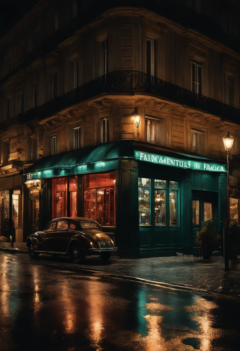 Paris Street at night, (Acabamento realista), ( Estilo de filme Film Noir), A bottle of Cachaça Fabulosa (highlight the name of Cachaça Fabulosa) se destaca na vitrine de uma loja de bebias. it's raining,