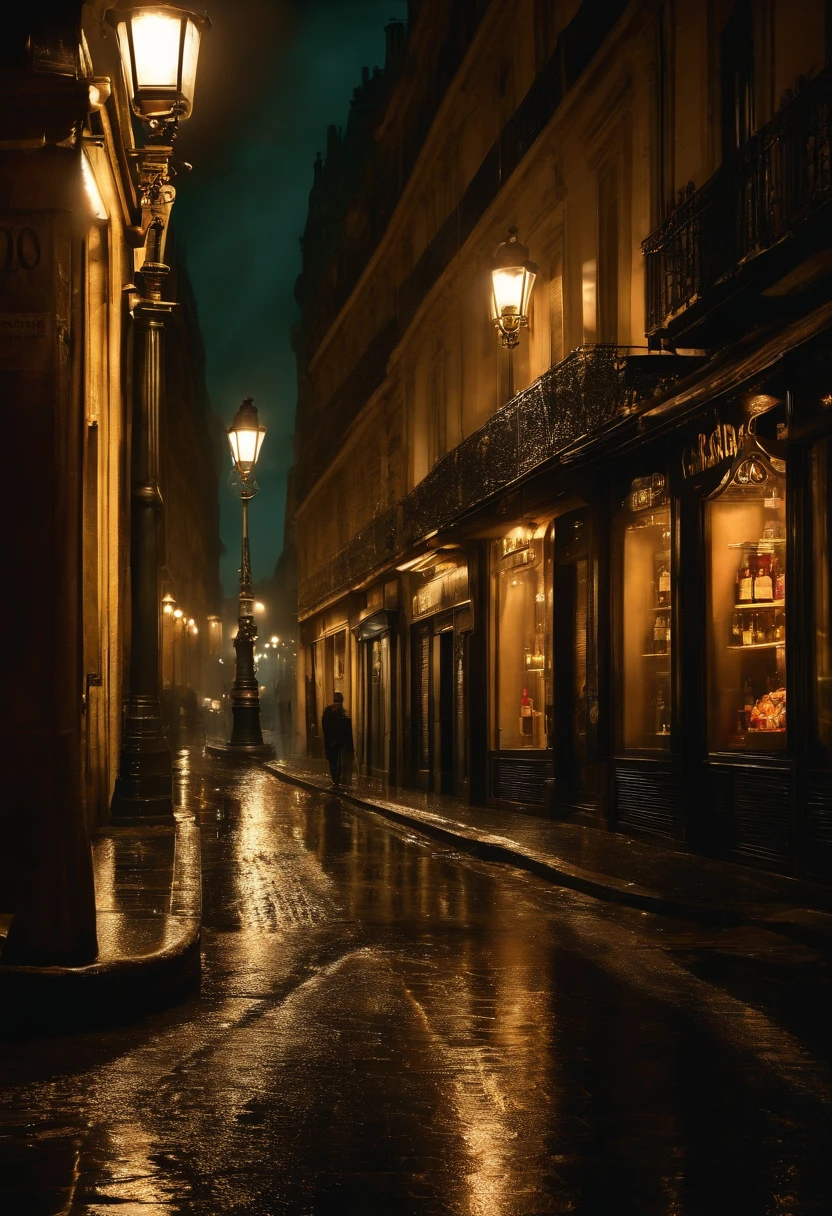 Paris Street at night, (Acabamento realista), ( Estilo de filme Film Noir), A bottle of Cachaça Fabulosa (highlight the name of Cachaça Fabulosa) se destaca na vitrine de uma loja de bebias. it's raining,