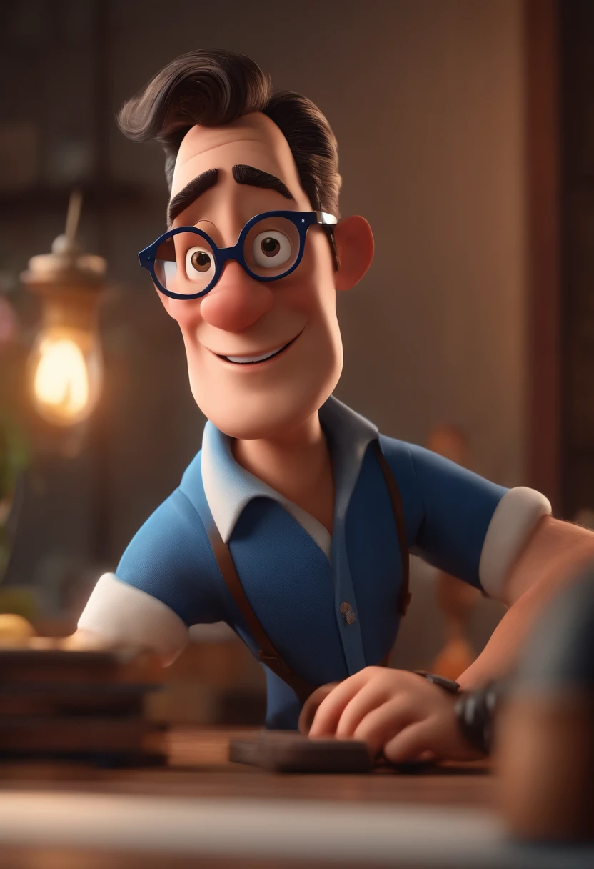 Cartoon character of a man with black glasses and a blue shirt, animation character, Caractere estilizado, animation style rendering, 3D estilizado, Arnold Maya render, 3 d render stylized, toon render keyshot, Personagem 3D, Personagem 3D, 3d rendering stylized, 3 d character render, personagem de desenho animado, Personagem de close up, Pose de personagem,  (Estilo Pixar) (master part:1.2) (Bokeh) (best quality) (pele detalhada) (textura detalhada) (8k) (argila) (Cinematic lighting) (foco nítido