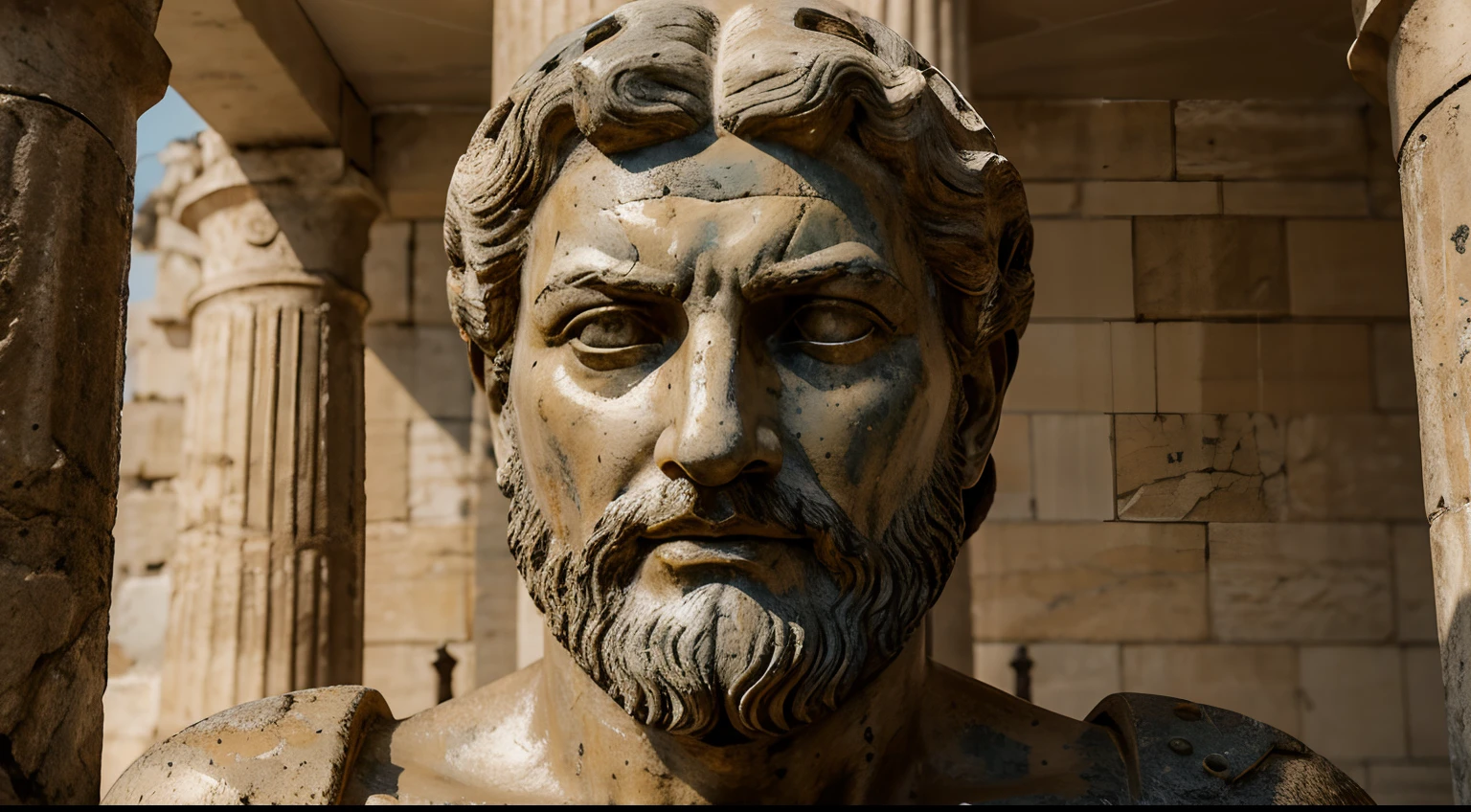 Ancient Stoic Statue With Very Angry Expression, tem barba, muitos detalhes em ambos os olhos, Outside, fundo atenas grego, open sky, com rosto extremamente detalhado full body view, Colors with low saturation with dark tone, Filmado em Sony A7S III com Sony FE 35mm f/1.8, 12.1 MP, --AR 3:2 --estilo cru