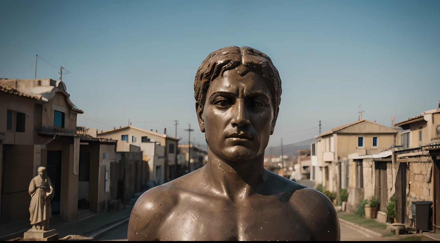 Ancient Stoic Statue With Very Angry Expression, tem barba, muitos detalhes em ambos os olhos, Outside, fundo atenas grego, open sky, com rosto extremamente detalhado full body view, Colors with low saturation with dark tone, Filmado em Sony A7S III com Sony FE 35mm f/1.8, 12.1 MP, --AR 3:2 --estilo cru