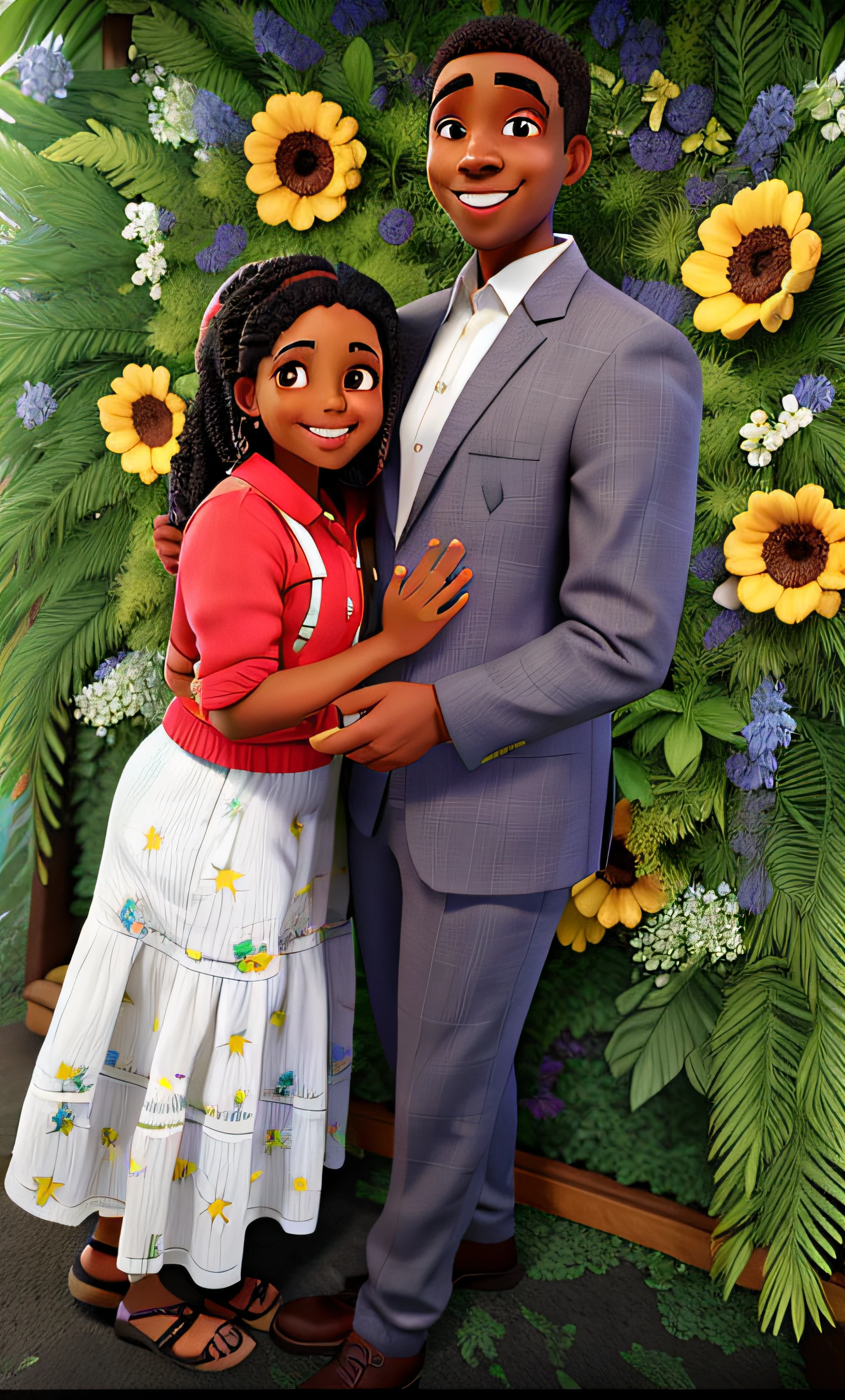 Casal de negros sorrindo em um fundo florido