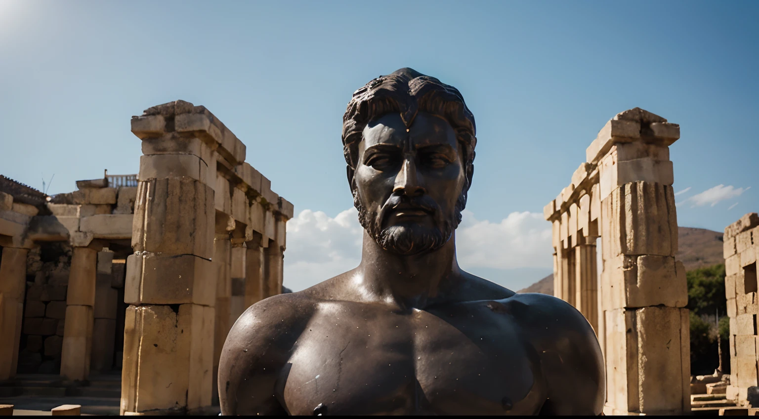 Ancient Stoic Statue With Very Angry Expression, tem barba, muitos detalhes em ambos os olhos, Outside, fundo atenas grego, open sky, com rosto extremamente detalhado full body view, Colors with low saturation with dark tone, Filmado em Sony A7S III com Sony FE 35mm f/1.8, 12.1 MP, --AR 3:2 --estilo cru