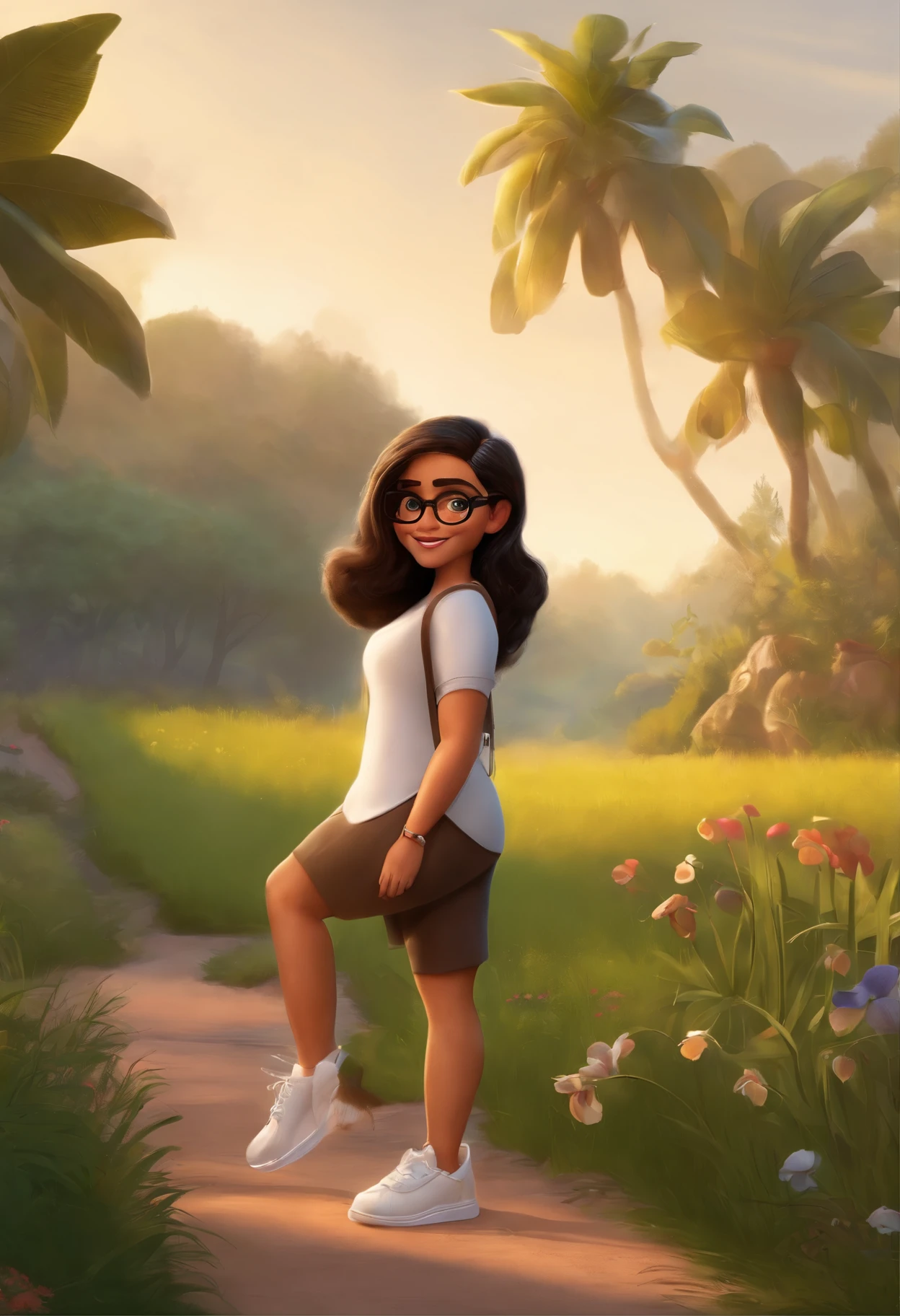 poster no estilo disney pixar, Imagem estilo Disney pixar, She's a teenage girl, pele clara, cabelo preto pouco volume encaracolado curto preto, sorriso bonito, with glasses, thin rounded silver rim, olhos castanhos, orelha pequena com um pequeno brinco de argola prateado, usando blusa branca manga curta, black cargo pants, white sneakers, num lindo jardim, for a story in a YouTube video in Pixar format, estilo disney pixar, alta qualidade, melhor qualidade