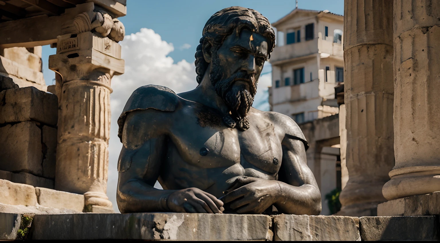 Ancient Stoic Statue With Very Angry Expression, tem barba, muitos detalhes em ambos os olhos, Outside, fundo atenas grego, open sky, com rosto extremamente detalhado full body view, Colors with low saturation with dark tone, Filmado em Sony A7S III com Sony FE 35mm f/1.8, 12.1 MP, --AR 3:2 --estilo cru