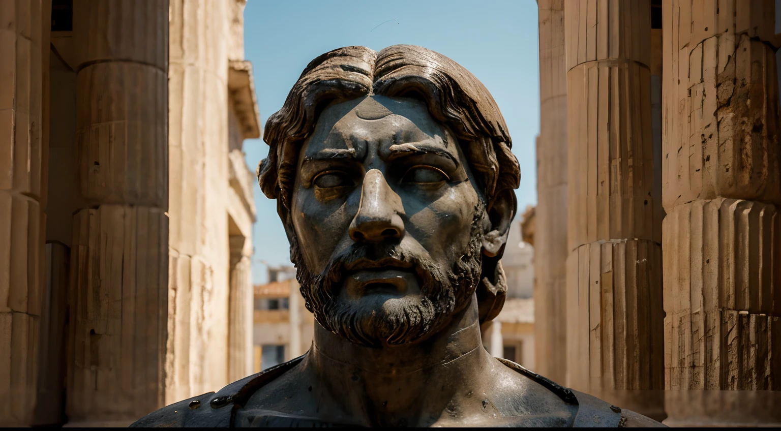 Ancient Stoic Statue With Very Angry Expression, tem barba, muitos detalhes em ambos os olhos, Outside, fundo atenas grego, open sky, com rosto extremamente detalhado full body view, Colors with low saturation with dark tone, Filmado em Sony A7S III com Sony FE 35mm f/1.8, 12.1 MP, --AR 3:2 --estilo cru