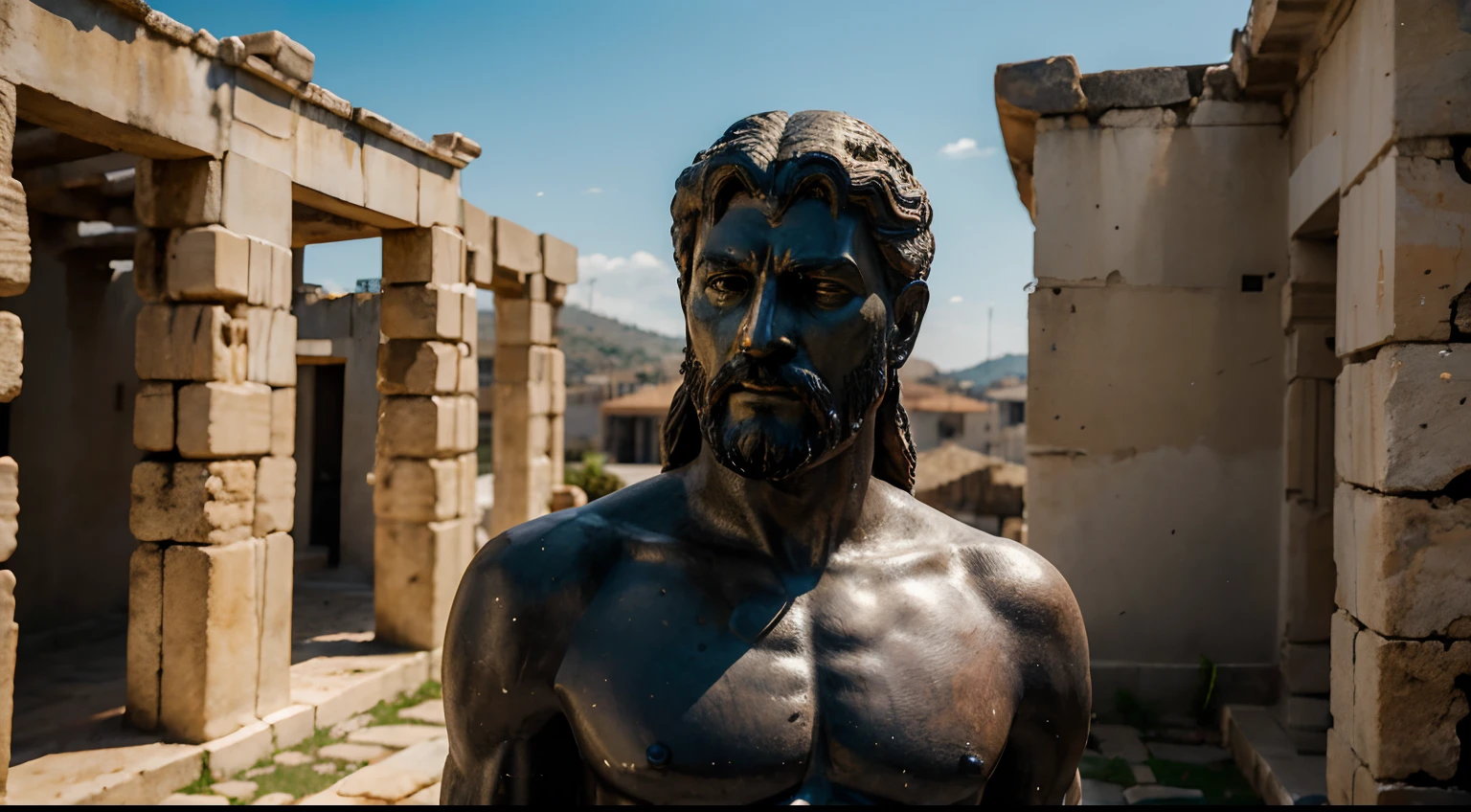 Ancient Stoic Statue With Very Angry Expression, tem barba, muitos detalhes em ambos os olhos, Outside, fundo atenas grego, open sky, com rosto extremamente detalhado full body view, Colors with low saturation with dark tone, Filmado em Sony A7S III com Sony FE 35mm f/1.8, 12.1 MP, --AR 3:2 --estilo cru