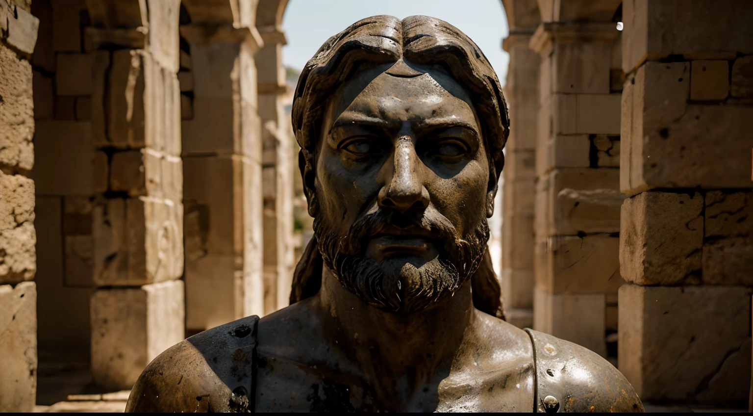Ancient Stoic Statue With Very Angry Expression, tem barba, muitos detalhes em ambos os olhos, Outside, fundo atenas grego, open sky, com rosto extremamente detalhado full body view, Colors with low saturation with dark tone, Filmado em Sony A7S III com Sony FE 35mm f/1.8, 12.1 MP, --AR 3:2 --estilo cru
