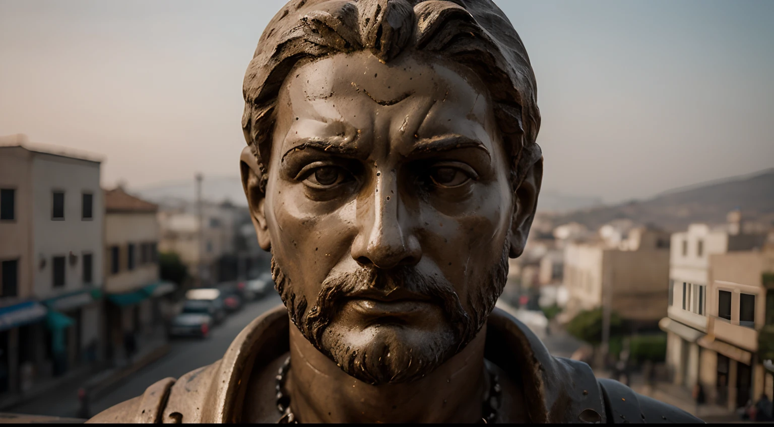 Ancient Stoic Statue With Very Angry Expression, tem barba, muitos detalhes em ambos os olhos, Outside, fundo atenas grego, open sky, com rosto extremamente detalhado full body view, Colors with low saturation with dark tone, Filmado em Sony A7S III com Sony FE 35mm f/1.8, 12.1 MP, --AR 3:2 --estilo cru