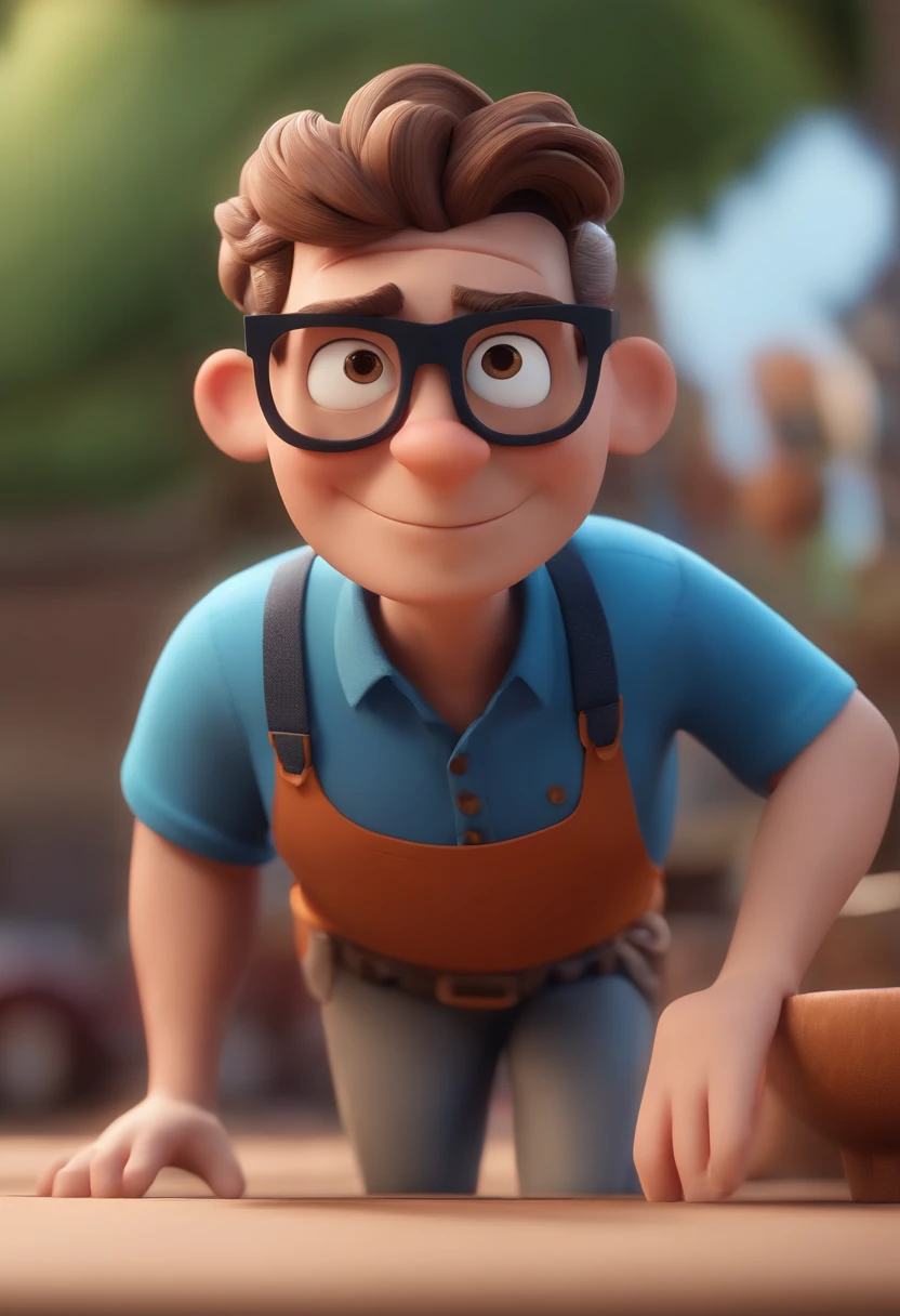 Cartoon character of a man wearing black glasses and a blue shirt, um personagem animado, Caractere estilizado, animation style rendering, 3D estilizado, Arnold Maya render, 3 d render stylized, toon render keyshot, Personagem 3D, Personagem 3D, 3d rendering stylized, 3 d character render, personagem de desenho animado, Personagem de close up, Pose de personagem, (Estilo Pixar) (master part:1.2) (Bokeh) (best quality) (pele detalhada) (textura detalhada) (8k) (argila) (Cinematic lighting) (foco nítido，Senta e vaza a parte superior do corpo