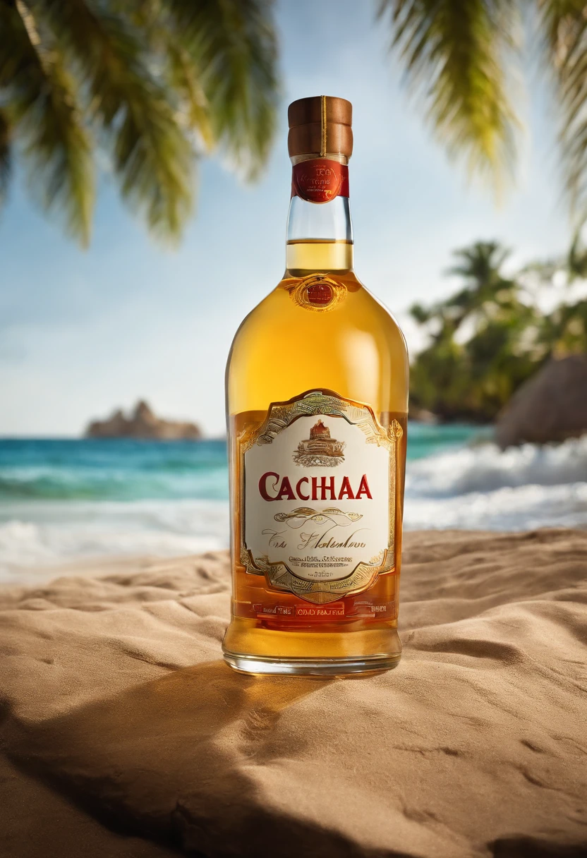 A bottle of Cachaça, On it is written: Fabulous Cachaça. 4 temas, 1 dia, 1 tarde, 2 noites. Focus on the Bottle of Cachaça with the label written on it: Fabulous Cachaça. Theme realistic.