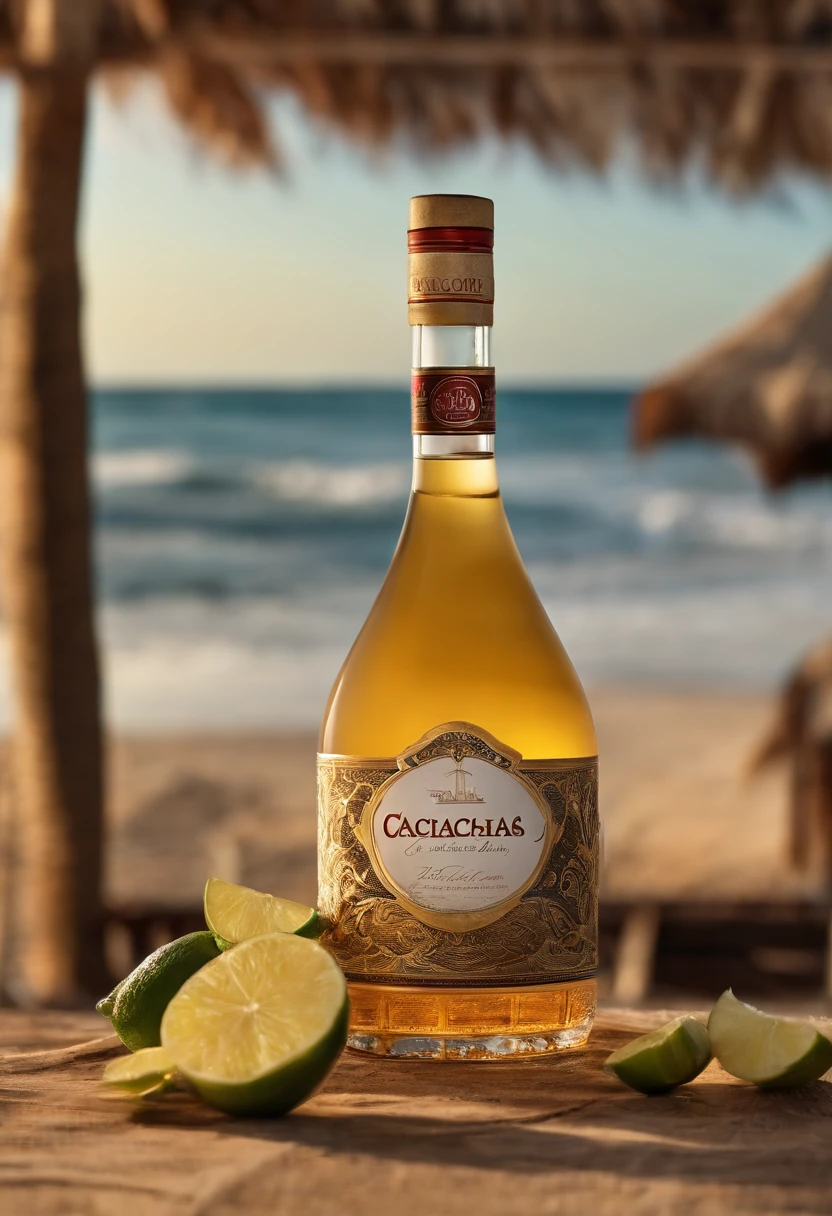 A bottle of Cachaça, On it is written: Fabulous Cachaça. 4 temas, 1 dia, 1 tarde, 2 noites. Focus on the Bottle of Cachaça with the label written on it: Fabulous Cachaça. Theme realistic.