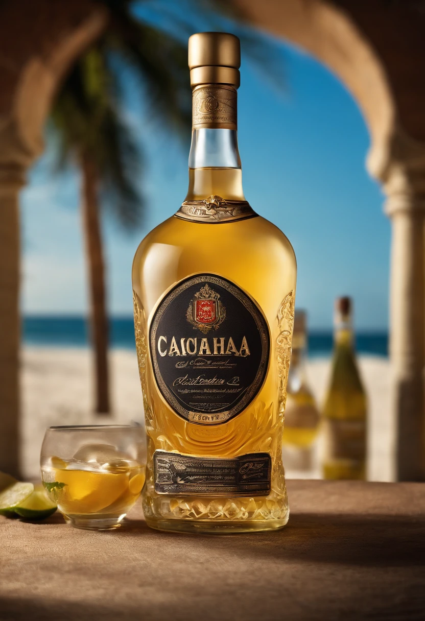 A bottle of Cachaça, On it is written: Fabulous Cachaça. 4 temas, 1 dia, 1 tarde, 2 noites. Focus on the Bottle of Cachaça with the label written on it: Fabulous Cachaça. Theme realistic.