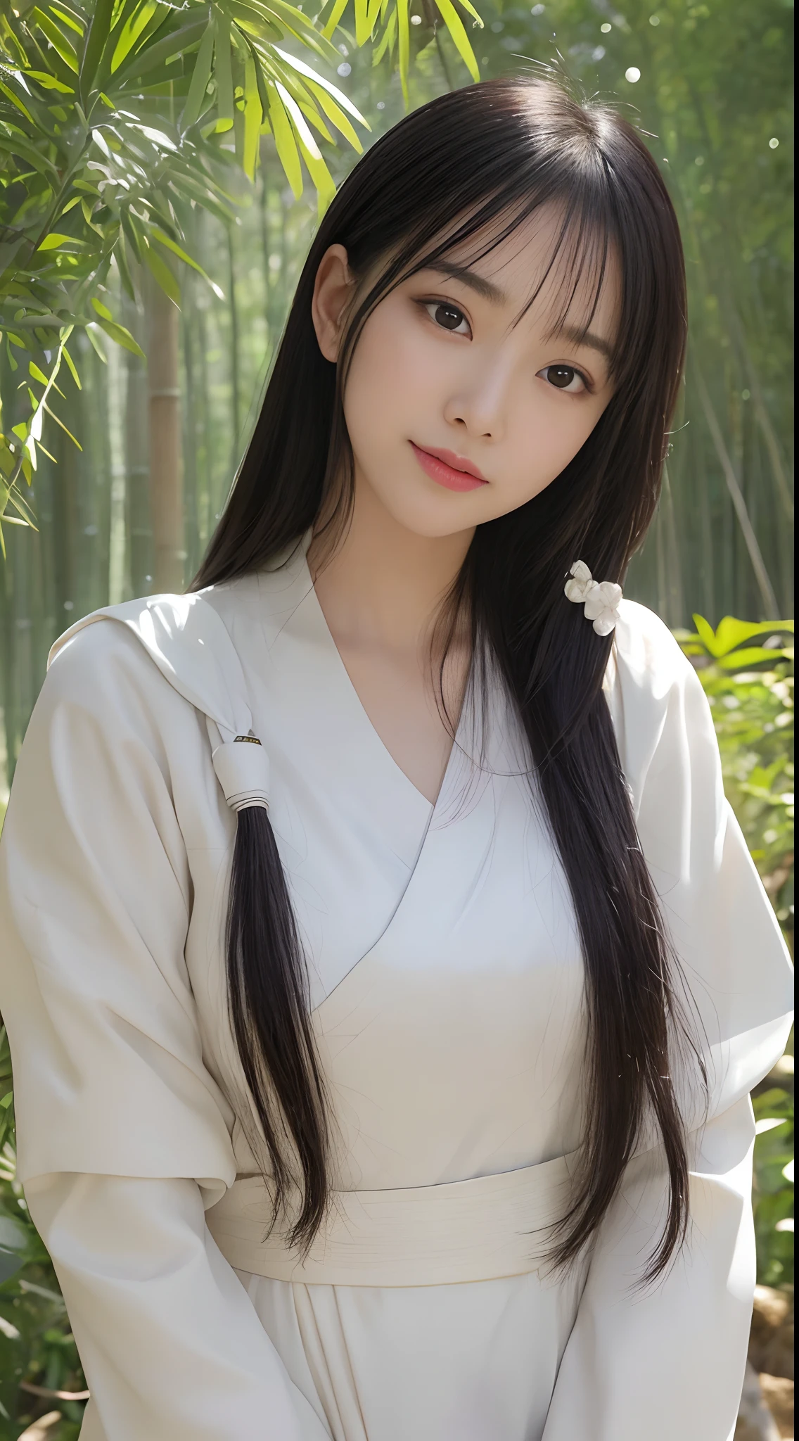 (Best quality,4K,A high resolution,Masterpiece:1.2),Realistic,White Hanfu,Long black hair,Beautiful detailed eyes,beautiful detailed lips,peaceful expression,Gentle smile,Hazy bamboo forest,ssmile,Semi-hidden paths,Dappled sunlight,tranquil ambiance,Traditional Chinese painting style,Vivid colors,Soft lighting