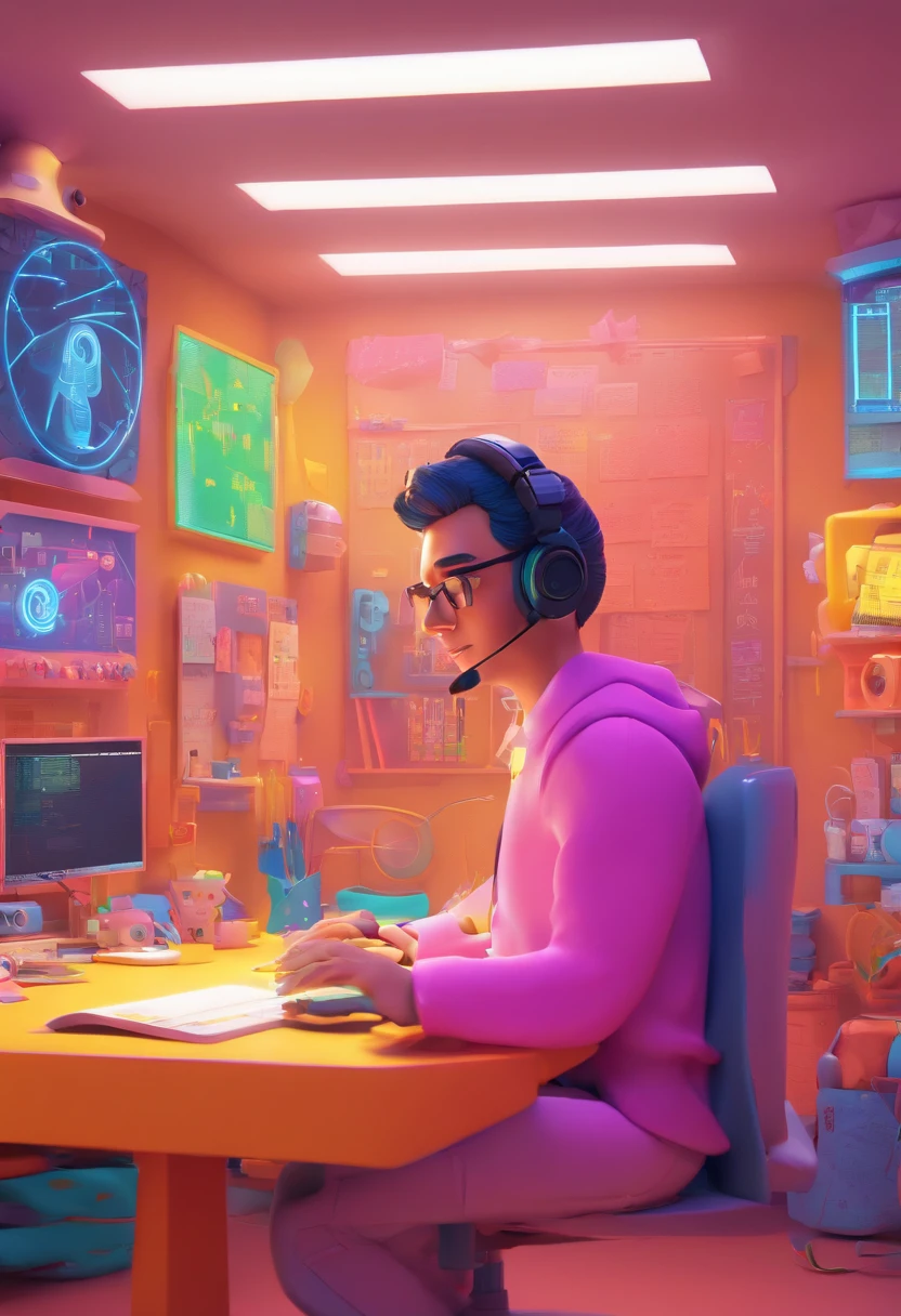 In a neon-lit open space, um homem de 32 anos, de cabelos escuros, com um corte de cabelo Robert Smith e um cavanhaque;, Ele veste uma camiseta branca, Works in front of a computer with a headset on his head. Ao seu redor, Dozens of people are doing the same thing, criando uma atmosfera que lembra um call center. The characters and setting are meticulously designed in the Disney Pixar Dreamworks 3D style, immersing the scene in an animated film atmosphere reminiscent of Disney and Pixar.