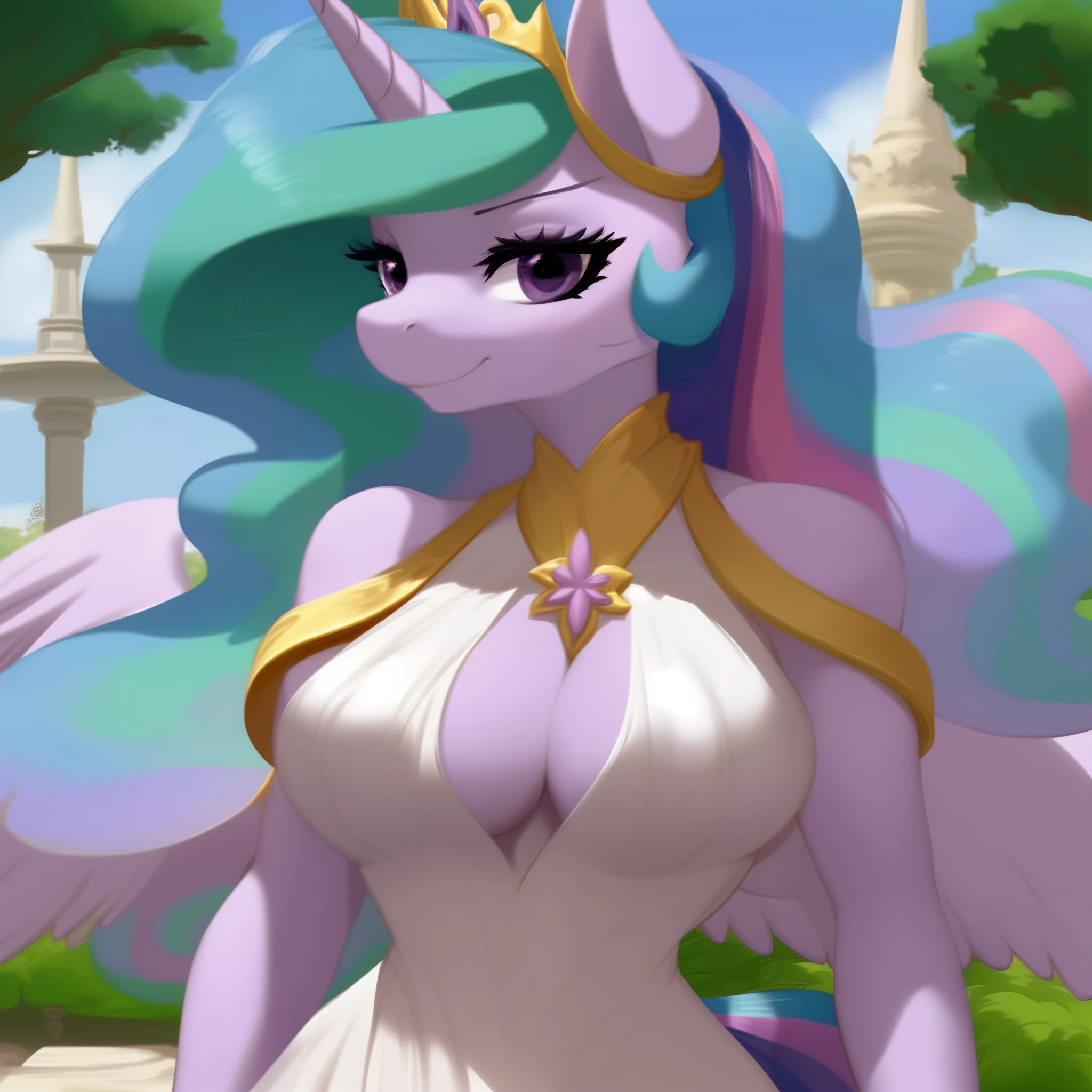 (score_9), (source_pony), (solo), (alicorn), ((anthro princess celestia fusion twilight sparkle:1.2)), (sexy dress), facing you, sexy, smiling, sensual, long Messy hair, anatomically correct, night garden, standing near fountain, big breast, half body, anime art style, close up