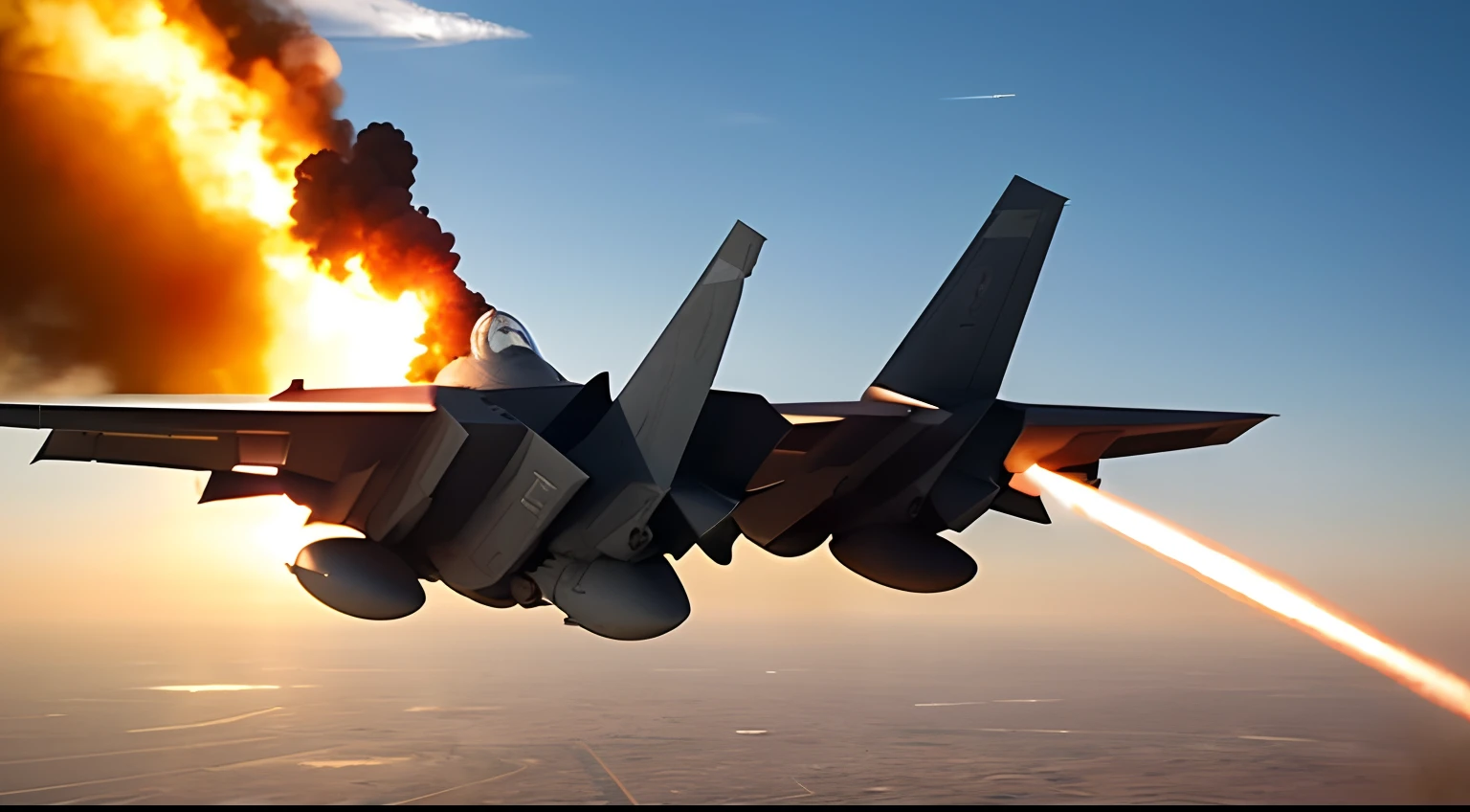 Film still action movie, F35 in an aerial combat firing missiles at enemy’s fighter jets and explosions ocurring, on the middle east, high angle, golden hour, dynamic movements, low saturated color, taked by Arri Alexa 65, directed by Michael Bay, style raw