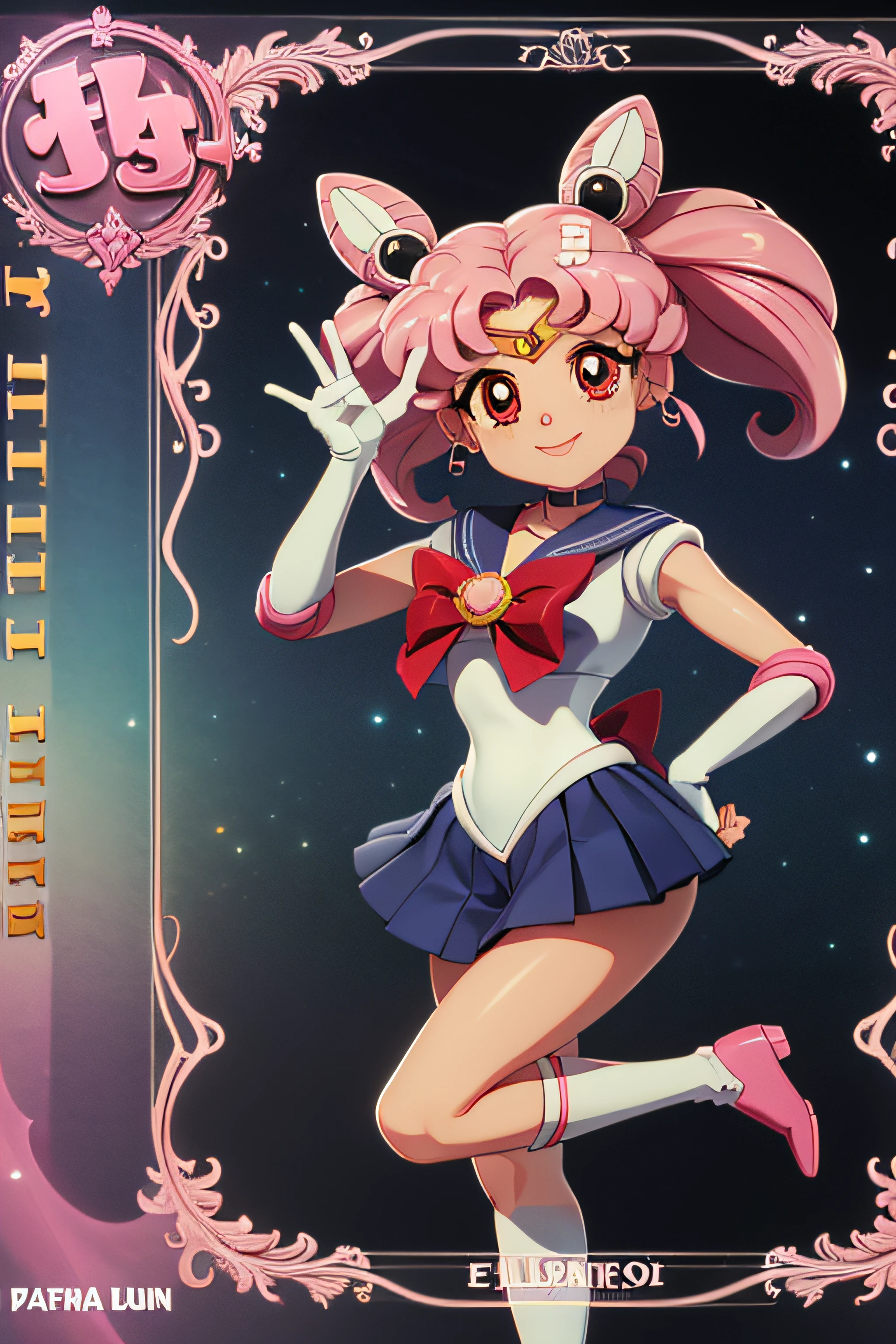 Obra maestra, La mejor calidad, absurdos, antomy perfecto, 1girl, solamente, SMMoon, 1990's \(estilo\), Sailor Chibi Luna Cabello Rosa, pupilas rosadas ojos, subir las escaleras, primer plano, They are smiling, Disparo de vaquero, Uniforme Sailor Senshi Rosa, Collar marinero rosa, falda plisada rosa, guantes de codo, en postura de espalda, Show off your loot, Backwards, No hay tanga en un gran trasero, cuerpo completo, aausagi, Foreground loot ( HIGH DETAIL FACE)