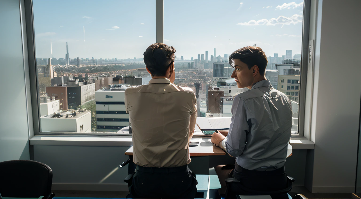 An image of ((two men and a woman)) looking from their ((office)) up there looking at the (city) they have their backs turned.