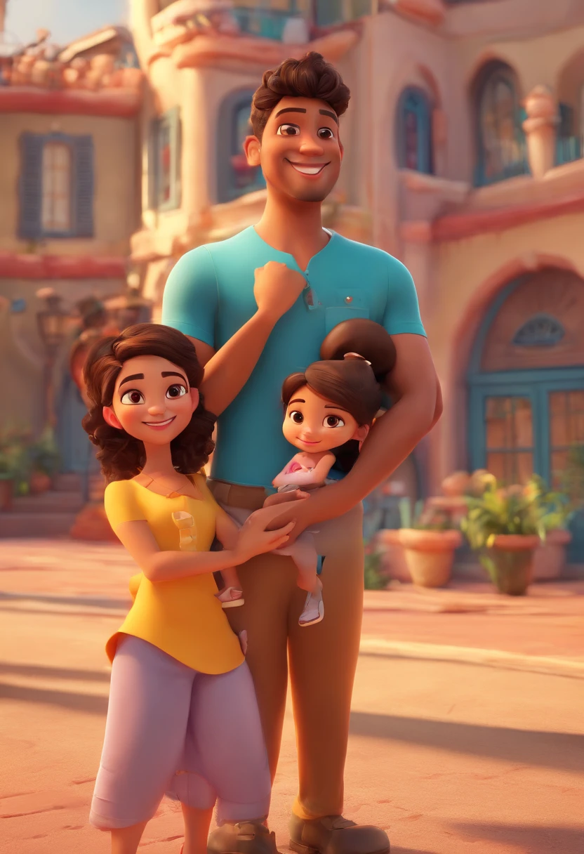 An illustration of an adorable couple, Highlight for a smiling chubby mulatto man and a brunette woman with beautiful expressive eyes - the man's skin is mulatto and the man's hair has, while the woman's skin is black and the woman's hair is straight and black. They are a bright room, cada um com um sorriso no rosto, e compartilhar um momento especial caracterizado pelo amor, Insights. Illustrate this scene from a perspective where they are facing the camera, Smiling and Showing Your Connection. Desenvolva esta arte em Full HD, Focus on your cinematic touch, Estilo Disney Pixar Animations