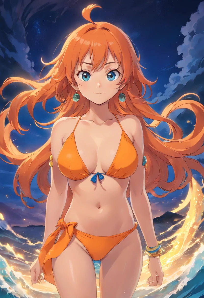 Nami from one piece, hair orange and light orange, hair flowing in wind, wearing blue bikini, its night, bright orange and yellow light, her tattoo on her left arm, front view, standing, style looks softer, uses brighter colors, wearing golden bracelet, 4k, big boobs, small waist, big ass