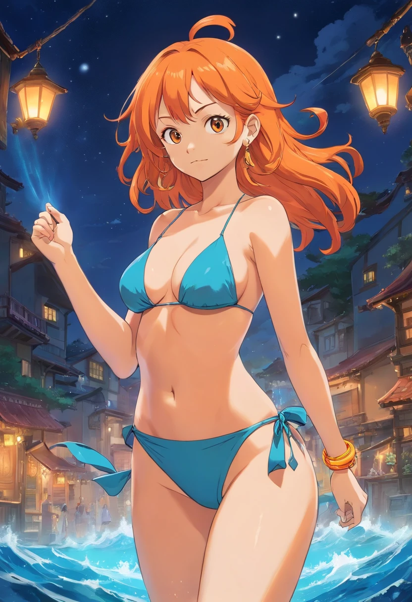 Nami from one piece, hair orange and light orange, hair flowing in wind, wearing blue bikini, its night, bright orange and yellow light, her tattoo on her left arm, front view, standing, style looks softer, uses brighter colors, wearing golden bracelet, 4k, big boobs, small waist, big ass