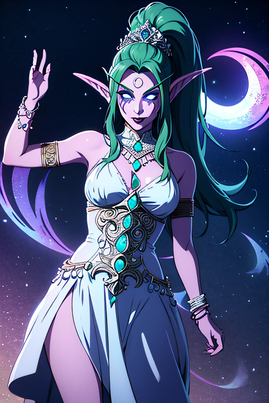 Tyrande, elf, 1girl, purple skin,
long pointy ears, green hair, long hair, ponytail, thick lips, purple lips, blue eyes, glowing eyes, jewelry, necklace, earrings, forehead jewel, crescent, tiara,
elunedress, bare shoulders, armlet, bracelet, toeless footwear, high heel boots, solo, upper body, facing viewer, looking at viewer, smile,