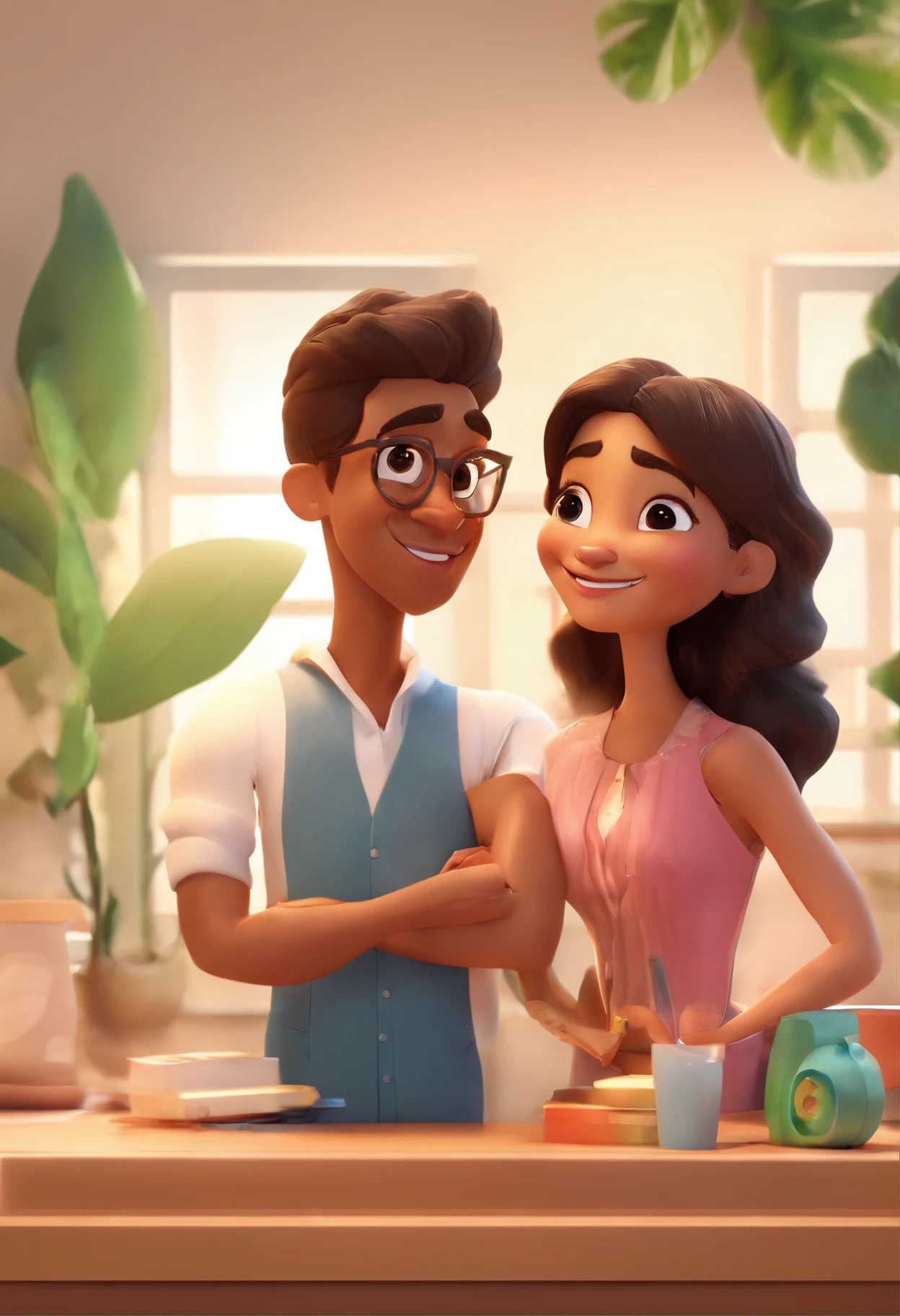 An illustration of an adorable couple, Highlight for a smiling chubby mulatto man and a brunette woman with beautiful expressive eyes - the man's skin is mulatto and the man's hair has, while the woman's skin is black and the woman's hair is straight and black. They are a bright room, cada um com um sorriso no rosto, e compartilhar um momento especial caracterizado pelo amor, Insights. Illustrate this scene from a perspective where they are facing the camera, Smiling and Showing Your Connection. Desenvolva esta arte em Full HD, Focus on your cinematic touch, Estilo Disney Pixar Animations