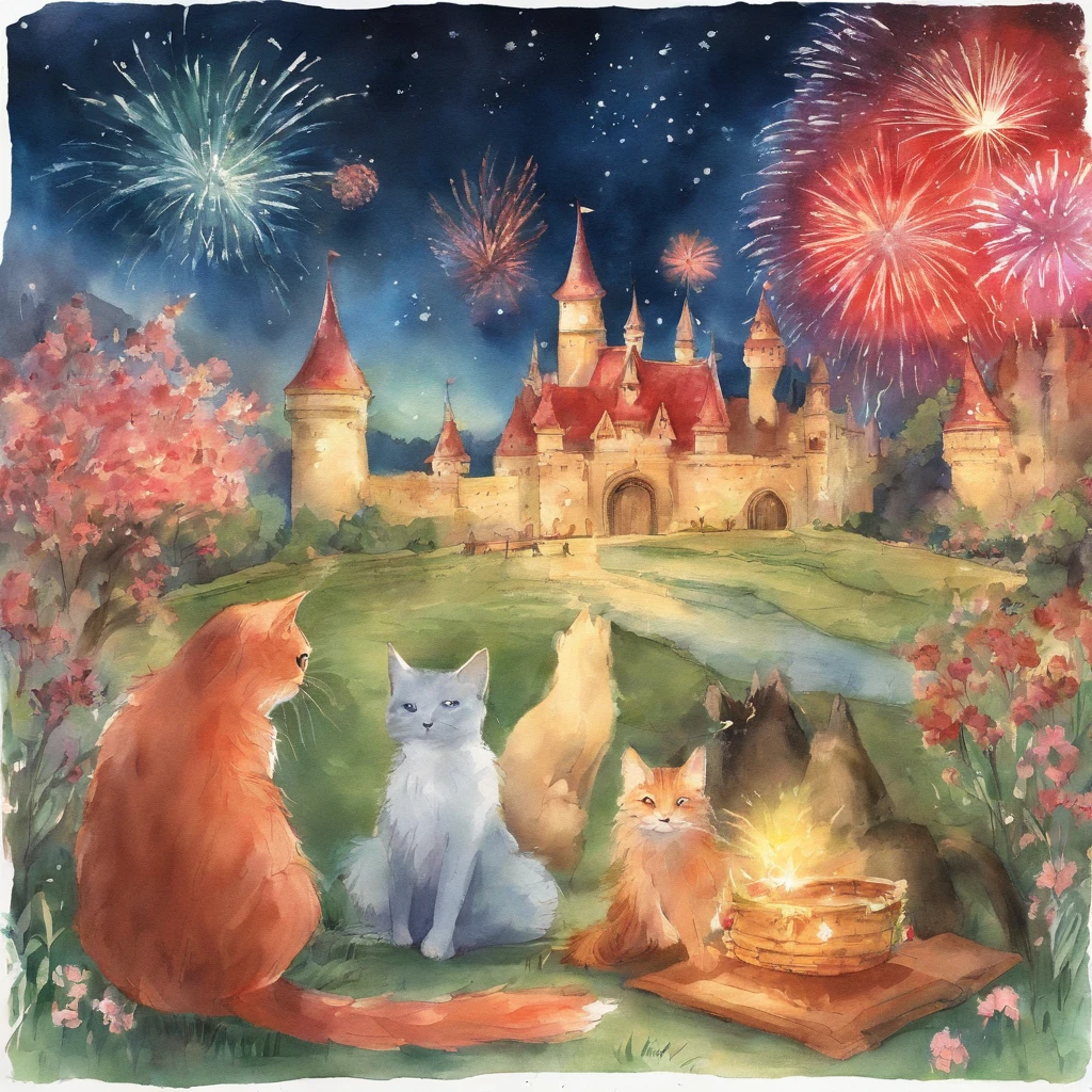 Watching a fireworks display with 100 cats　Fantastic atmosphere　Picture book illustrations　watercolor paiting　Overall, the color is strong red