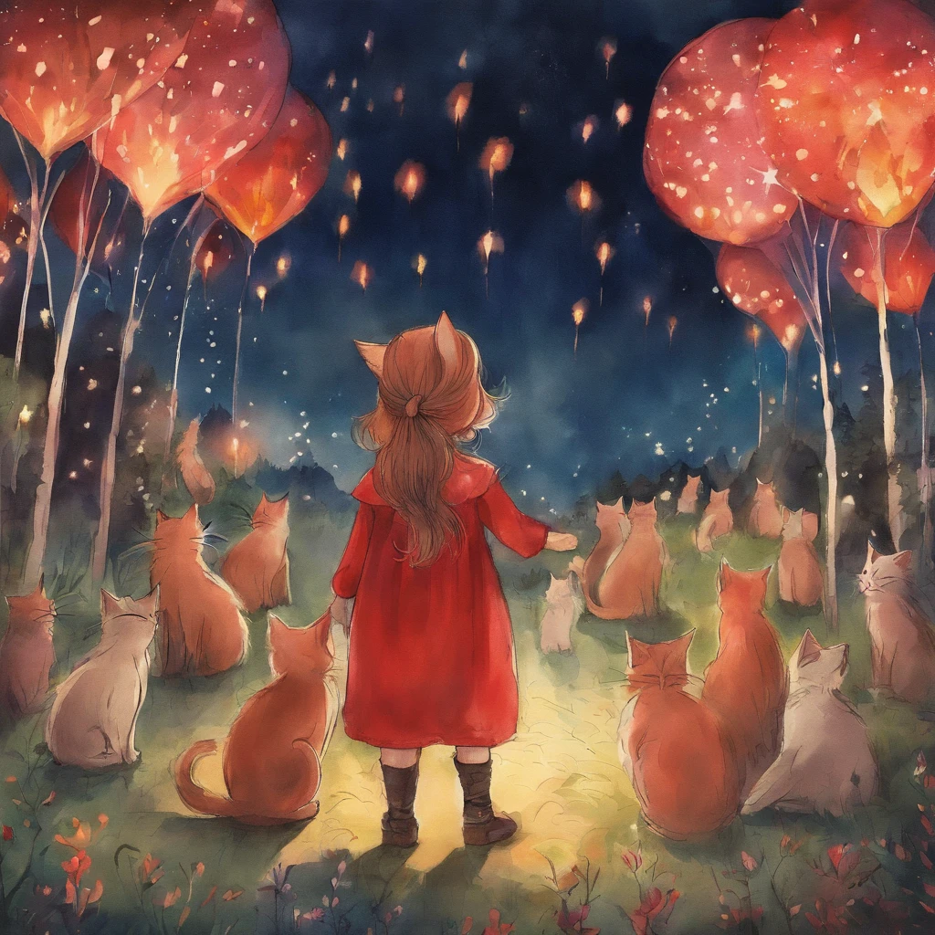 Watching a fireworks display with 100 cats Fantastic atmosphere Picture book illustrations watercolor paiting Overall, the color is strong red