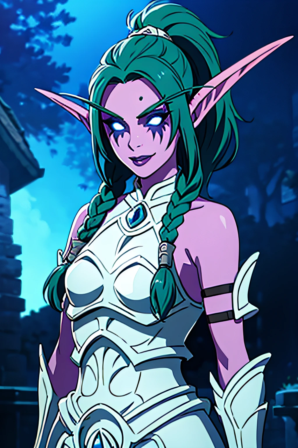 TNDbfa, elf, 1girl, purple skin,
long pointy ears, green hair, long hair, ponytail, braid, twinbraids, thick lips, purple lips, makeup, (black sclera:1.2), blue eyes, glowing eyes,
armoroutfit, bare shoulders, armlet, bracelet, armored boots, solo, upper body, facing viewer, looking at viewer, smile,