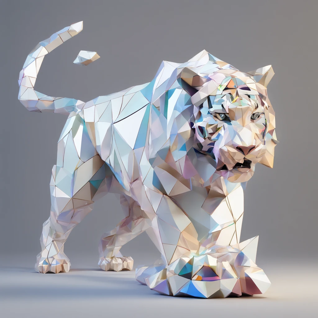 Alinhamento perfeito,Criaturas do tigre branco、Estilo cristal, luminoso, Standing position, beleza abstrata, Centrado, looking at the camera, Facing the camera, Impeccable、Dynamic、 altamente detalhado, manga, 8k high resolution, illustration,, fundo branco、geometric art、Tonalidades como vitrais、The back is covered with brightly colored ores and crystals