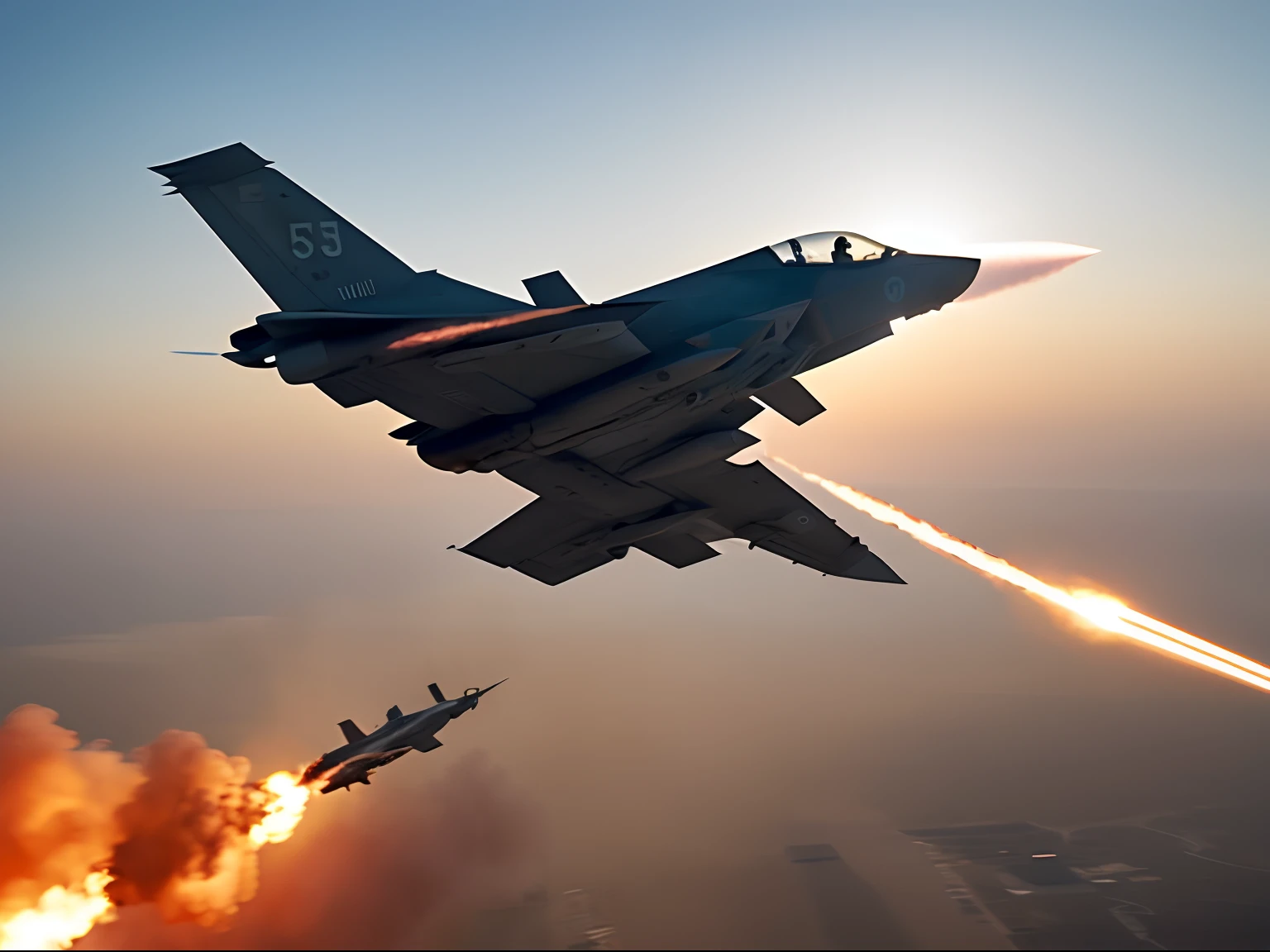 Film still action movie, F35 in an aerial combat firing missiles at enemy’s fighter jets and explosions ocurring, on the middle east, high angle, golden hour, dynamic movements, low saturated color, taked by Arri Alexa 65, directed by Michael Bay, style raw