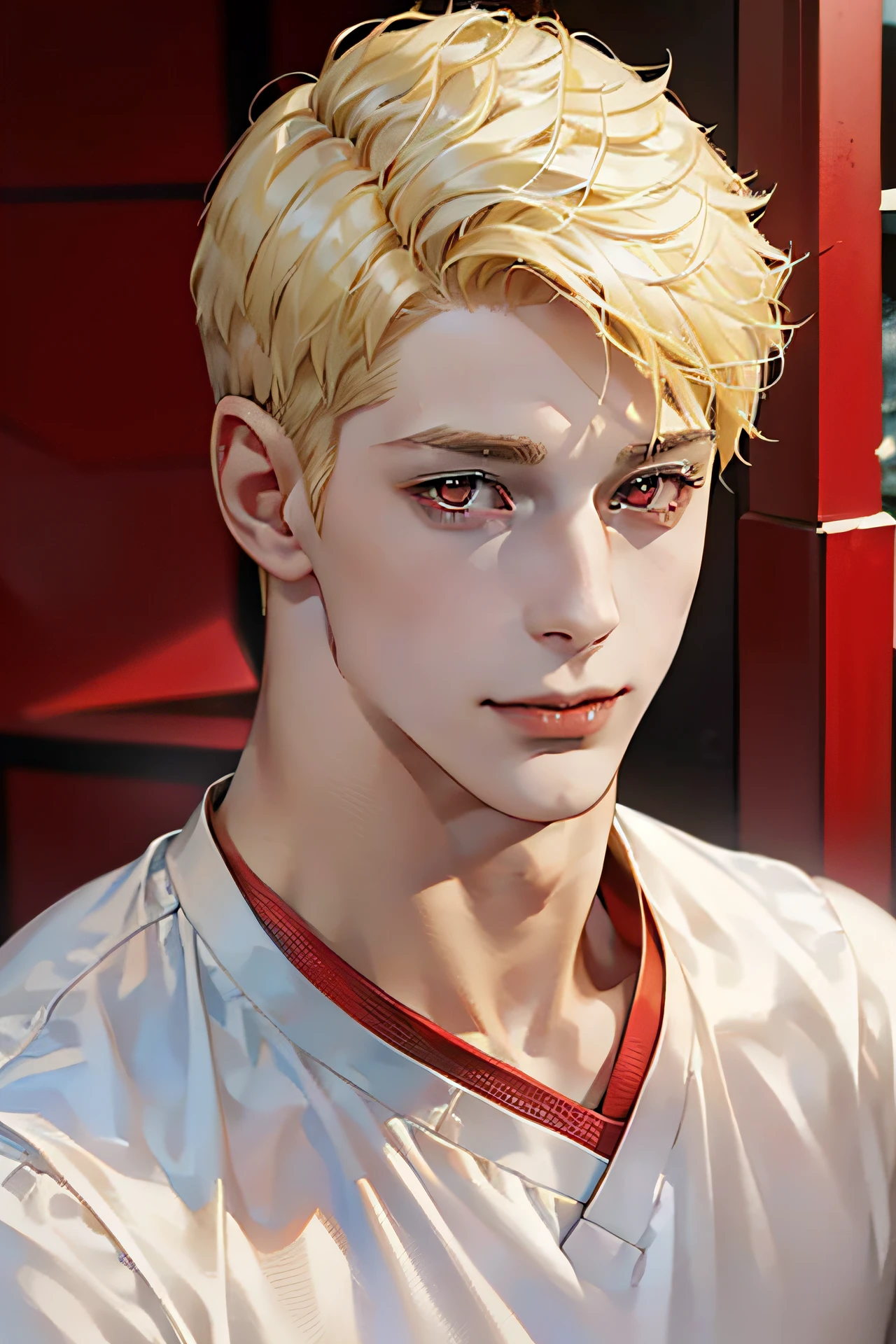 Young guy, (((blond short hair))), (((red-eyes))), Cheerful expression on his face, ((Perfect eyes)), ((Equal Eyes)), Extremely detailed, portraite of a, (((1 guy))), (((A detailed eye))), (独奏), (((athletic physique)))