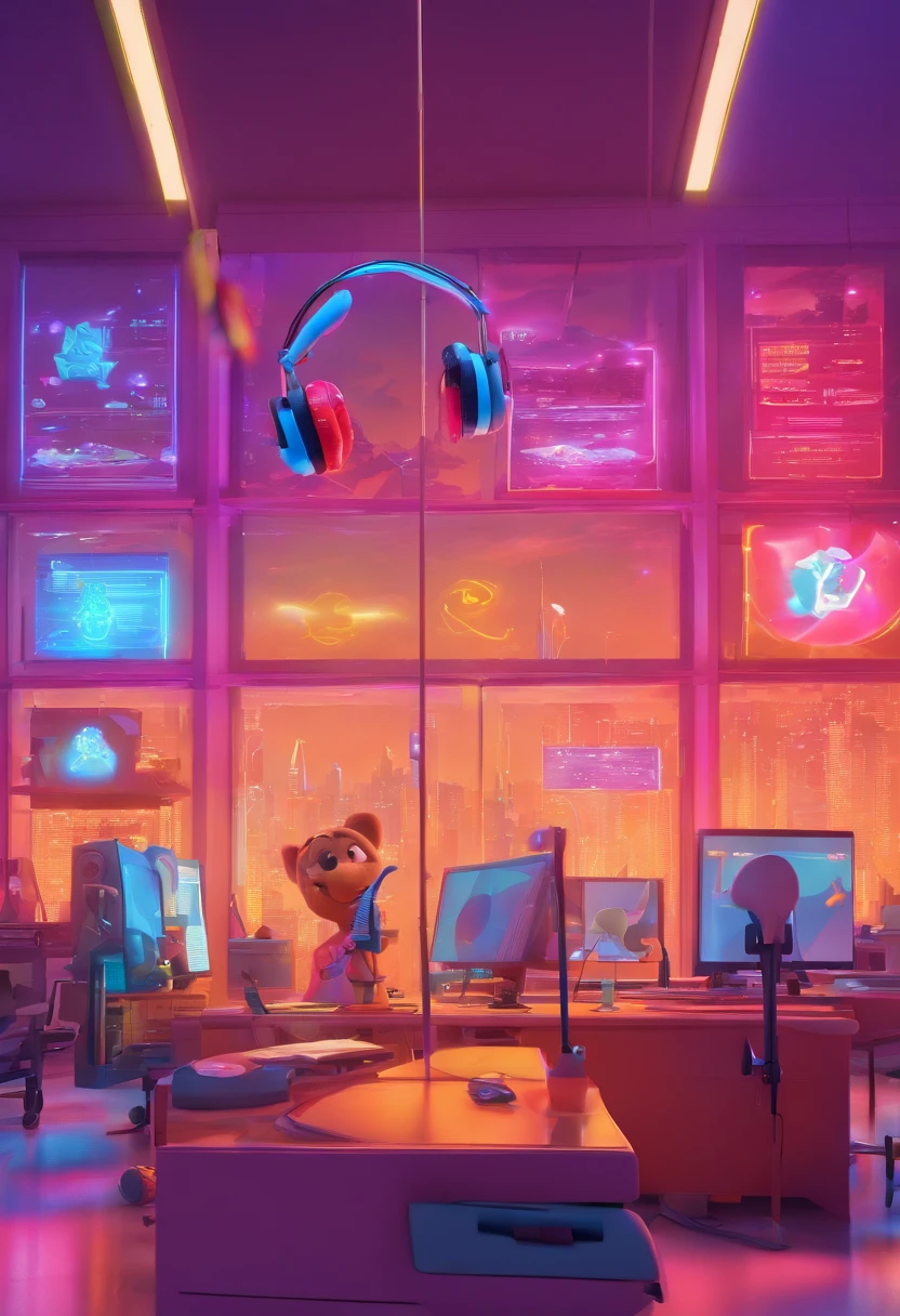 In a neon-lit open space, um homem de 24 anos, de cabelos escuros, com um corte de cabelo curto;, Ele veste uma camiseta branca, Works in front of a computer with a headset on his head. Ao seu redor, Dozens of people are doing the same thing, criando uma atmosfera que lembra um call center. The characters and setting are meticulously designed in the Disney Pixar Dreamworks 3D style, immersing the scene in an animated film atmosphere reminiscent of Disney and Pixar.