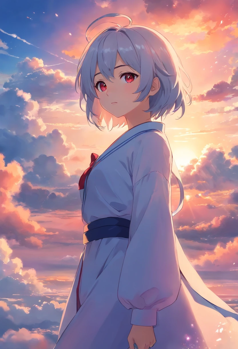 tmasterpiece,best qualtiy,Best picture quality,cinematic Film still from,Background at dusk,Dazzling skies,1girll,ar old,g layered silvery white hair,Fluttering in the air,Dreamy,Scarlet eyes,Cloud Girl,Floating in the sky,Not grounded,closeup cleavage,blushing slightly,is shy,Face to face the audience,Warm and soft lighting,the sunset,(spark of light:0.7)