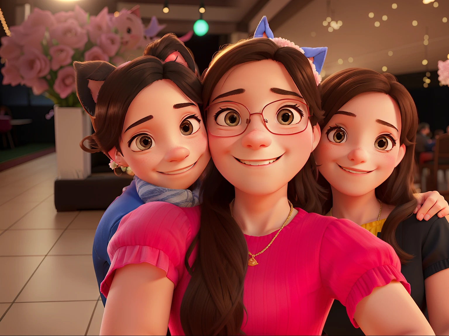 A father with a daughter and her mother at a party venue, they are wearing their ears and smiling